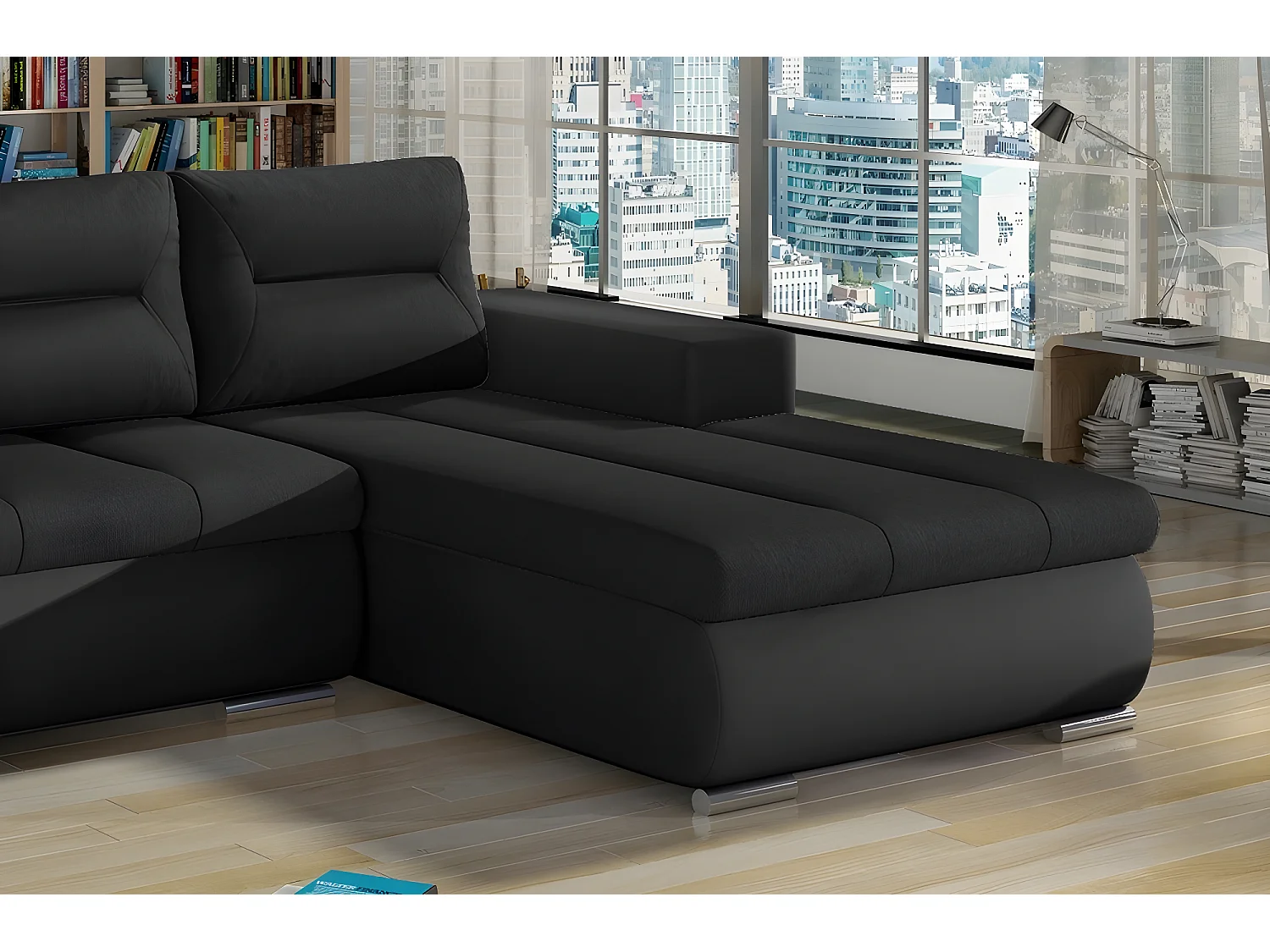 Canapé d'angle convertible en tissu luxe noir et simili cuir noir, 5 places, angle droit (vu de face) - OTELLO
