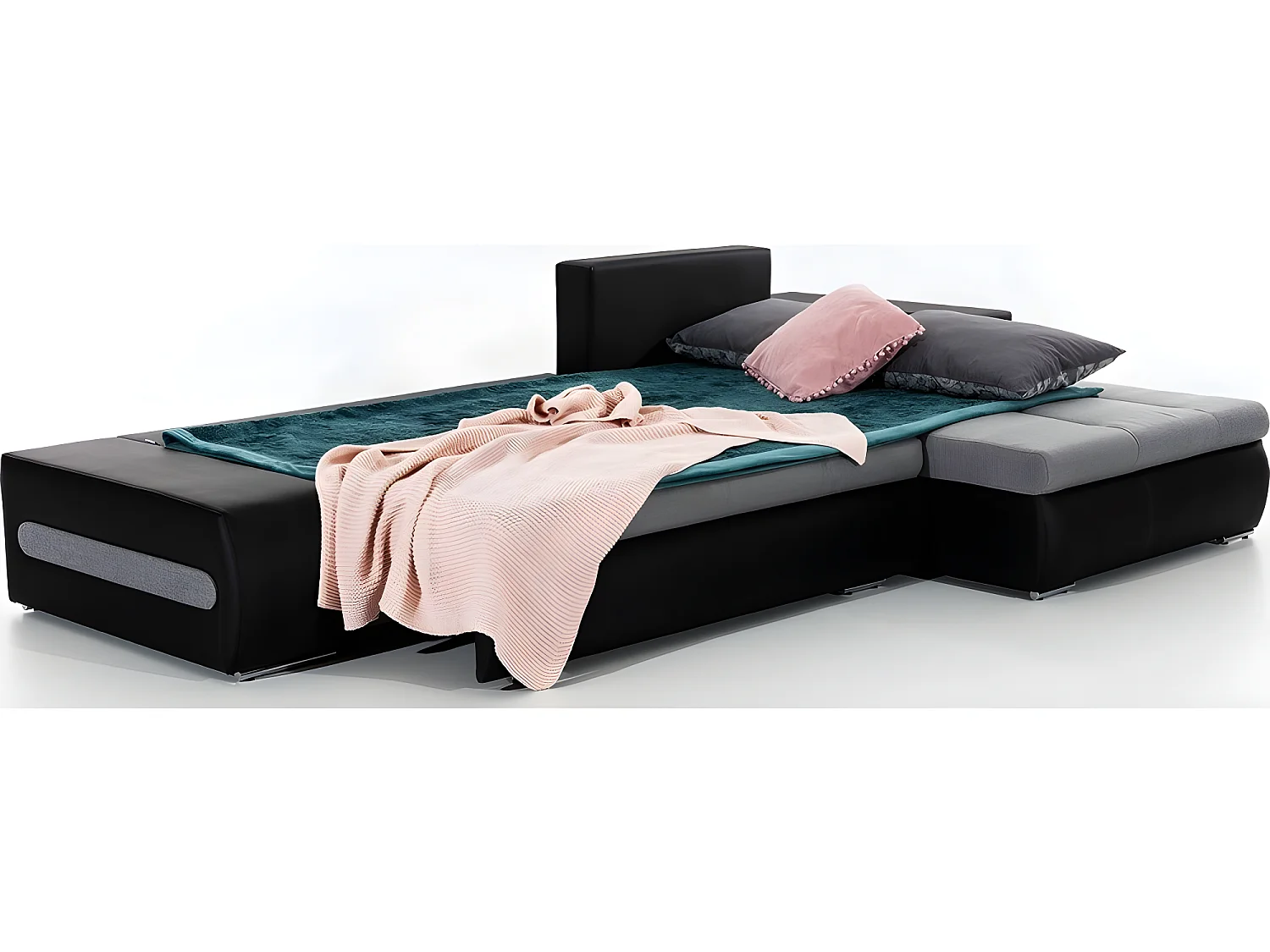 Canapé d'angle convertible en tissu luxe noir et simili cuir noir, 5 places, angle droit (vu de face) - OTELLO