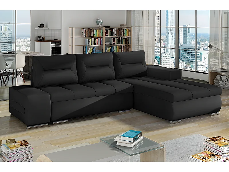 Canapé d'angle convertible en tissu luxe noir et simili cuir noir, 5 places, angle droit (vu de face) - OTELLO