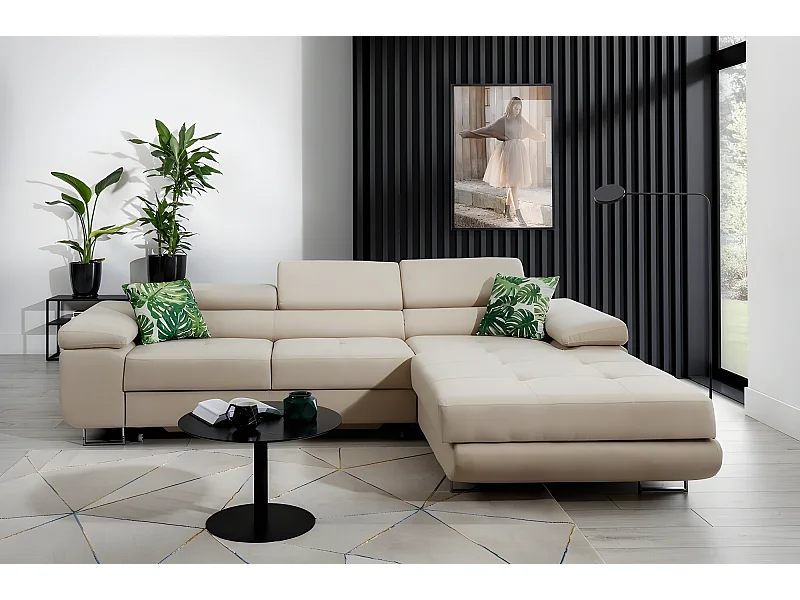Canapé d'angle convertible ARMEL en tissu luxe 5 places, beige, avec coffre, angle droit (vu de face)