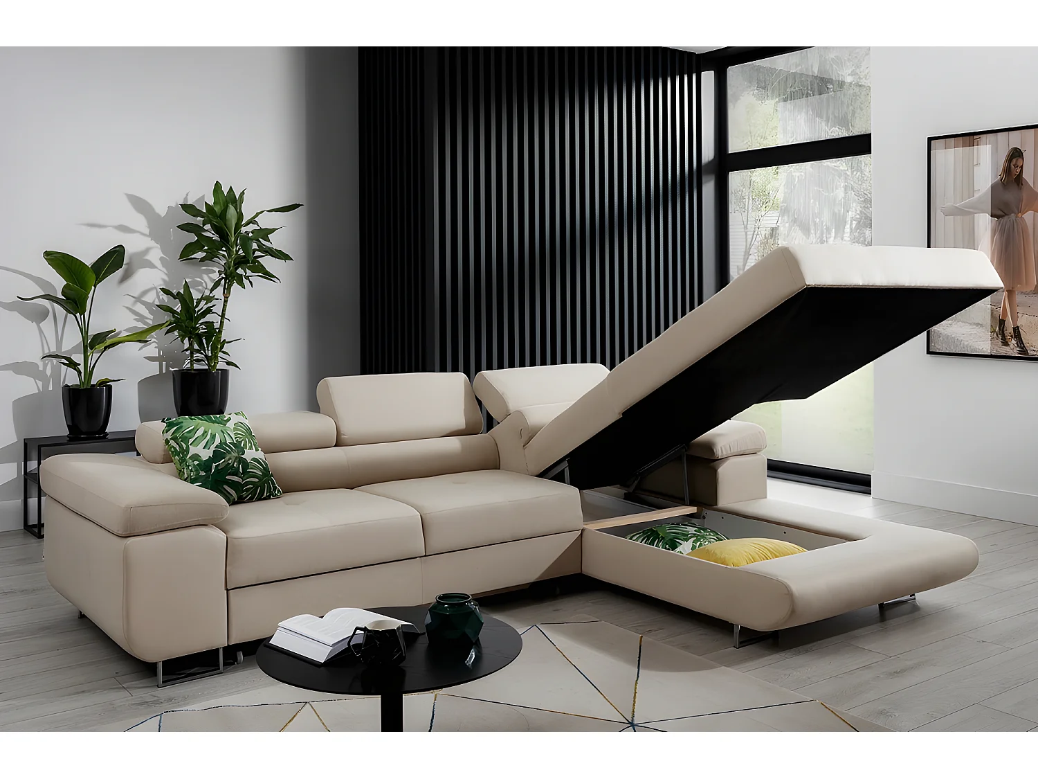 Canapé d'angle convertible ARMEL en tissu luxe 5 places, beige, avec coffre, angle droit (vu de face)