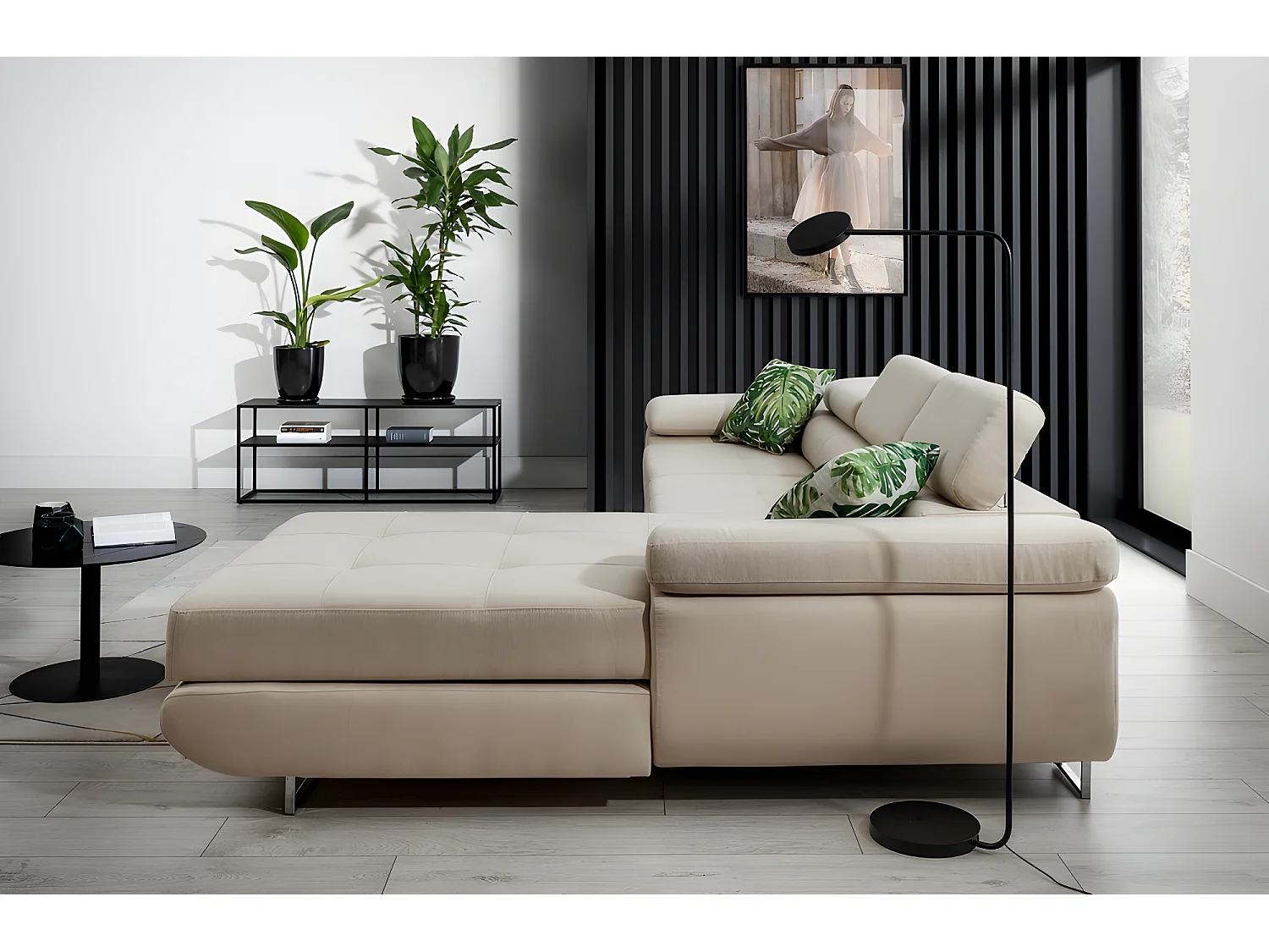 Canapé d'angle convertible ARMEL en tissu luxe 5 places, beige, avec coffre, angle droit (vu de face)