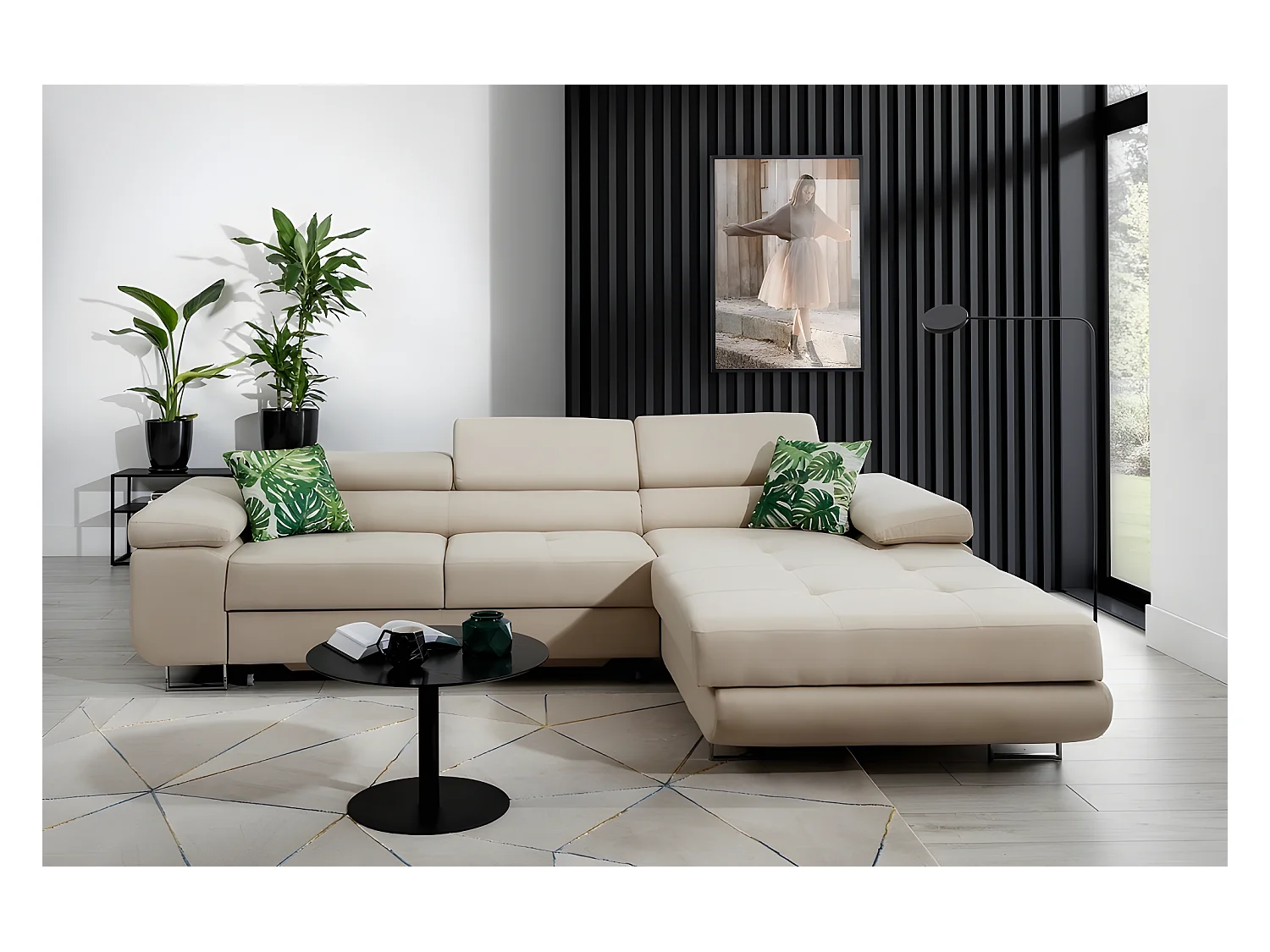 Canapé d'angle convertible ARMEL en tissu luxe 5 places, beige, avec coffre, angle droit (vu de face)
