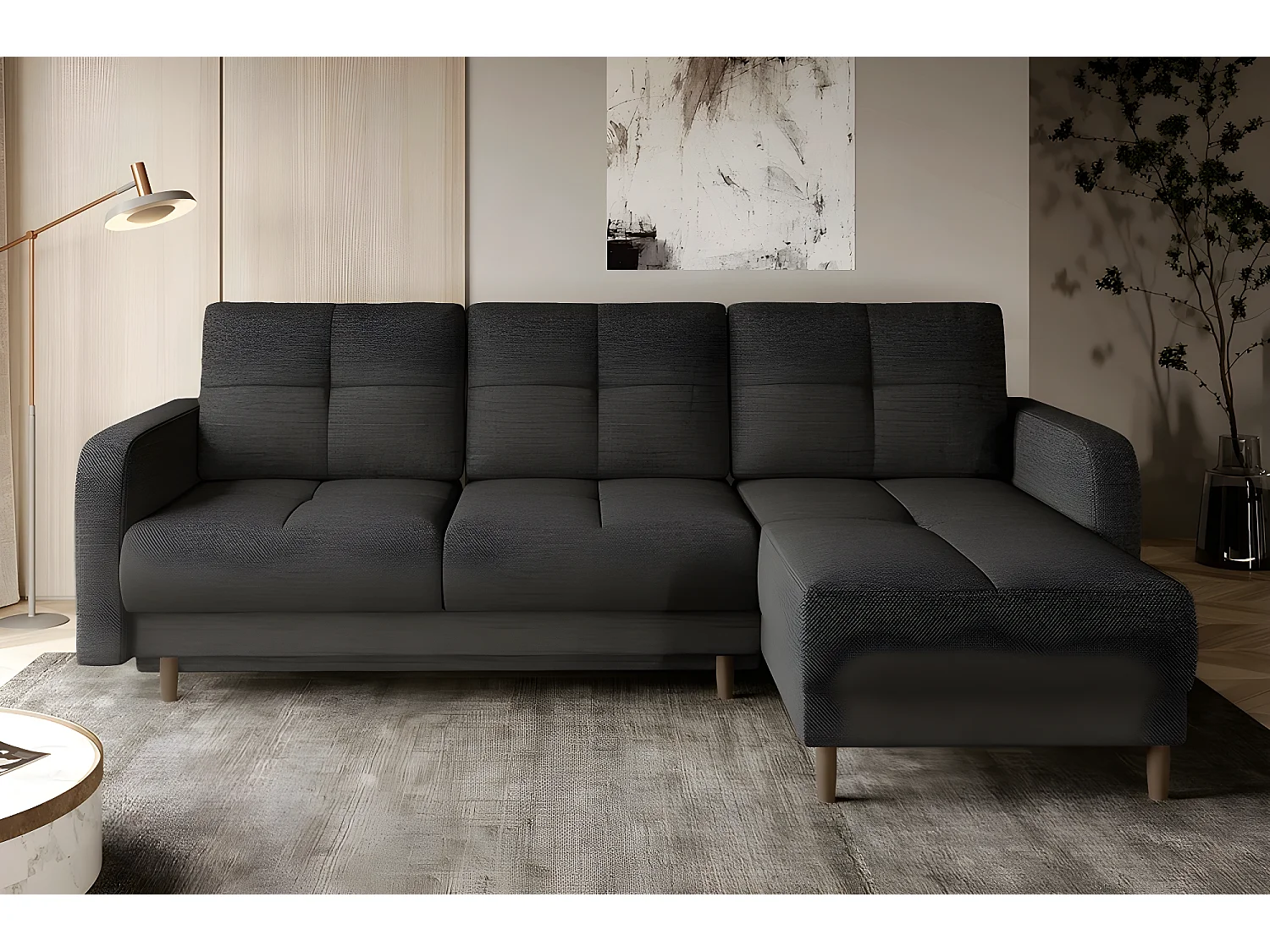 Canapé d'angle convertible en tissu luxe, rangement - gris foncé, angle droit (vu de face), ROXANE