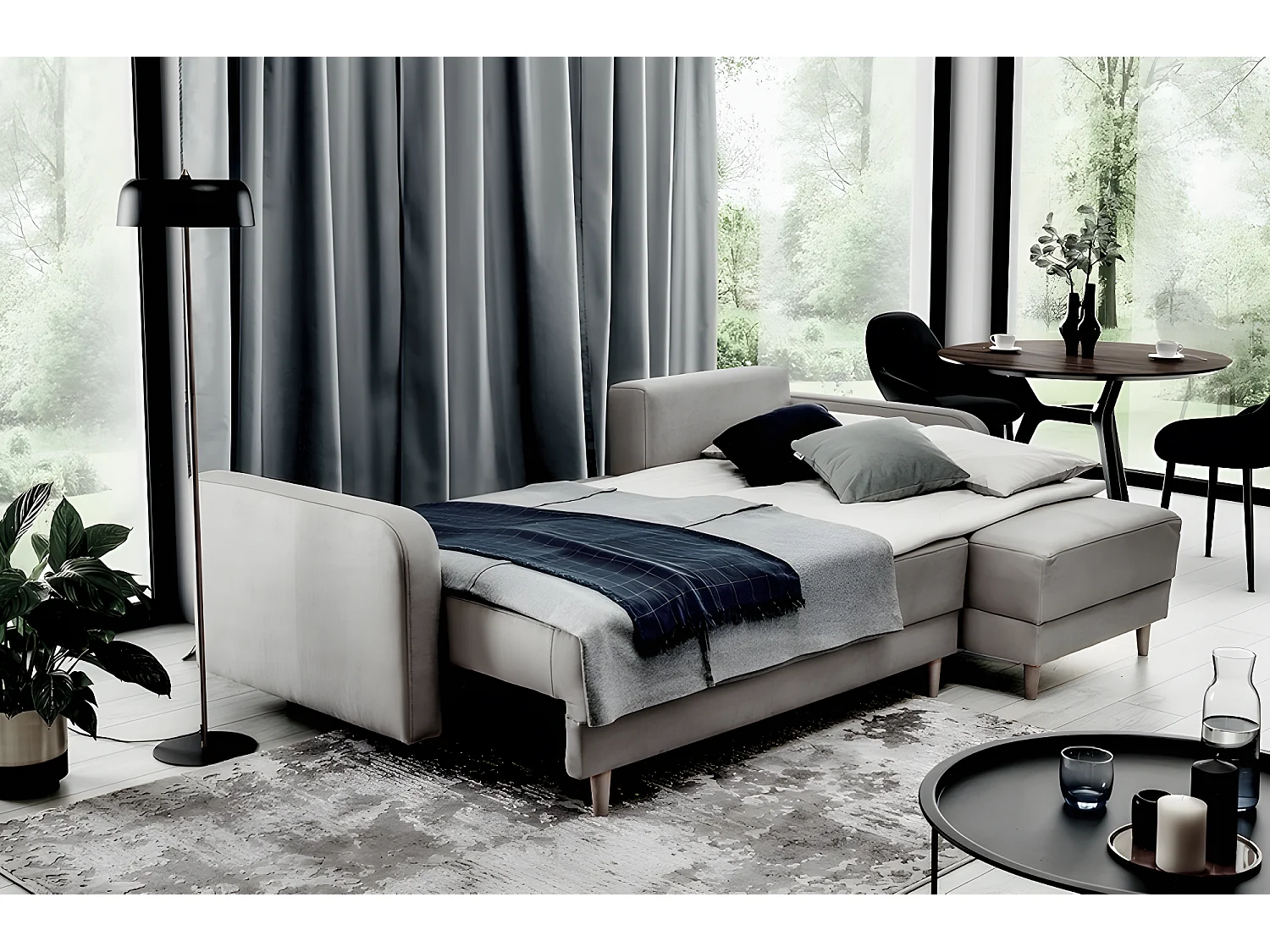 Canapé d'angle convertible en tissu luxe, rangement - gris foncé, angle droit (vu de face), ROXANE