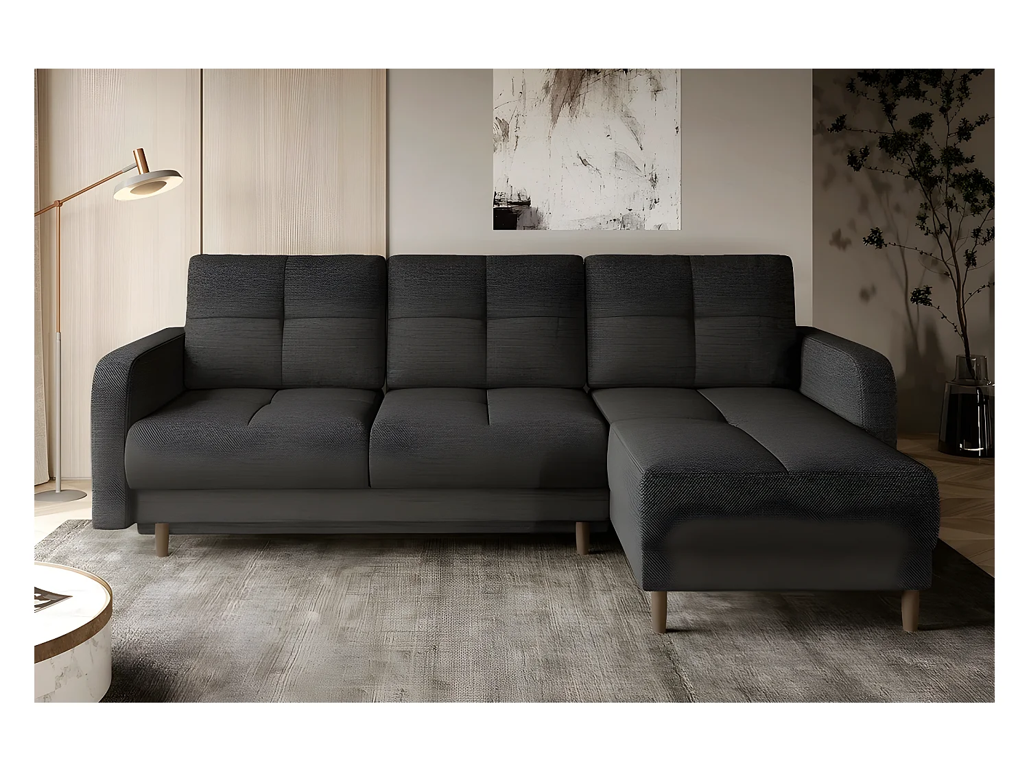 Canapé d'angle convertible en tissu luxe, rangement - gris foncé, angle droit (vu de face), ROXANE
