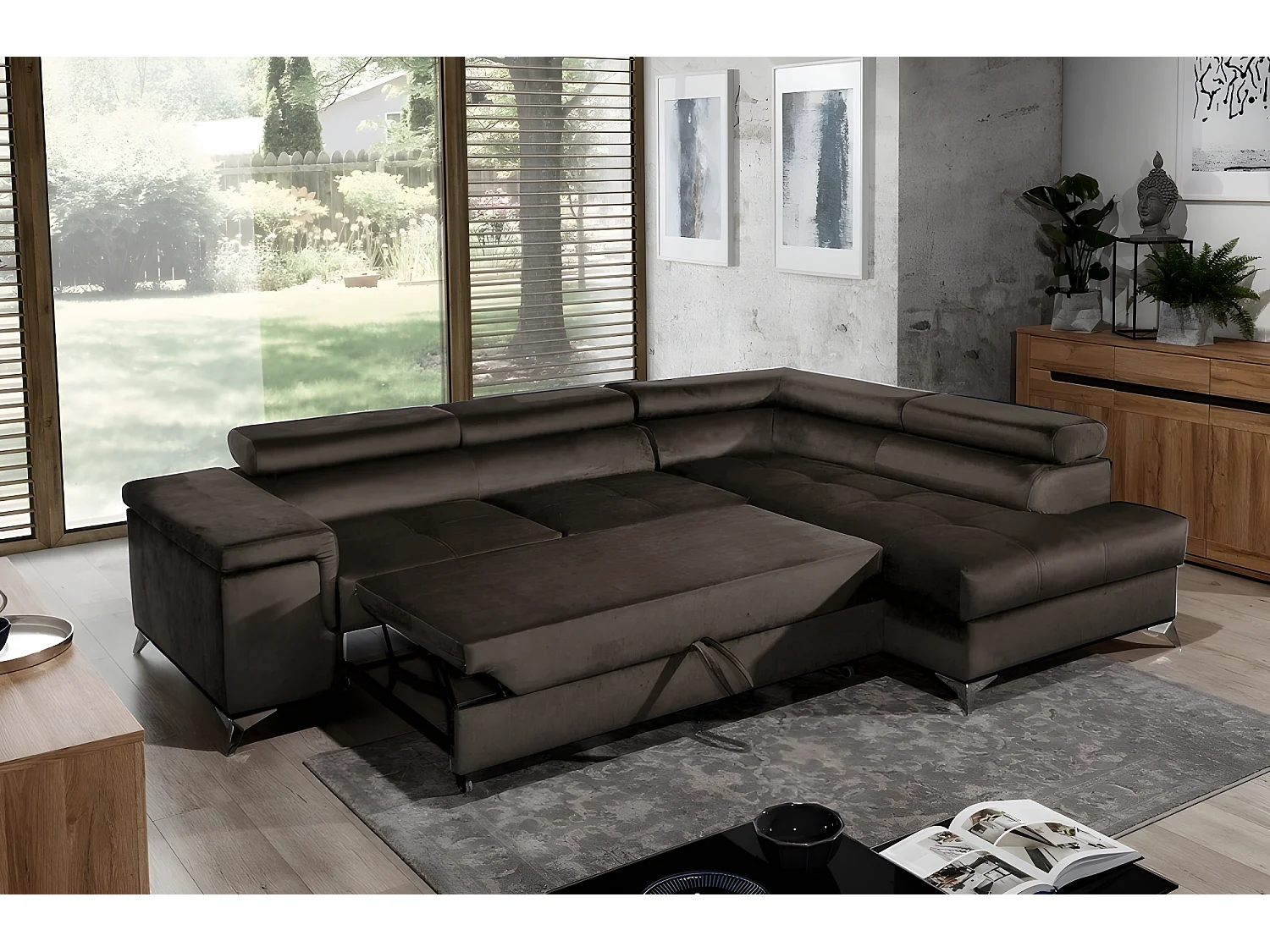 Canapé d'angle convertible - ERWAN - en tissu luxe 5 places, chocolat, angle droit (vu de face)