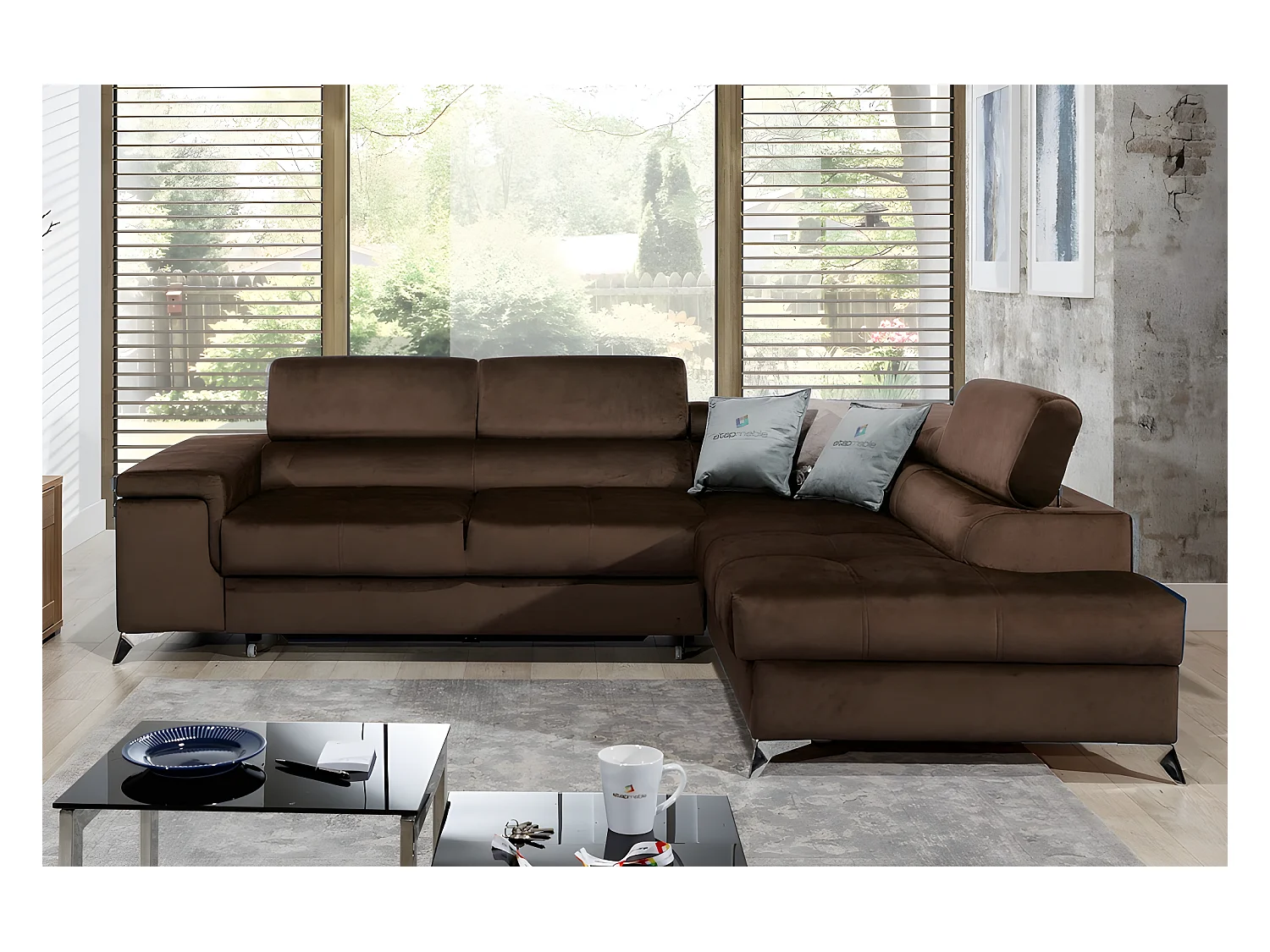 Canapé d'angle convertible - ERWAN - en tissu luxe 5 places, chocolat, angle droit (vu de face)