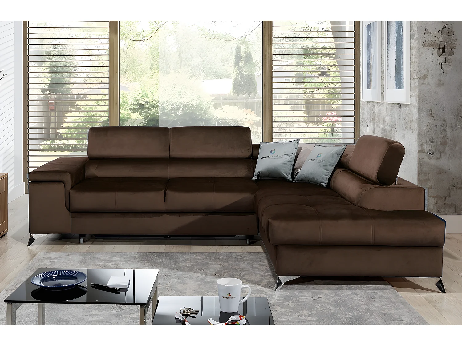 Canapé d'angle convertible - ERWAN - en tissu luxe 5 places, chocolat, angle droit (vu de face)