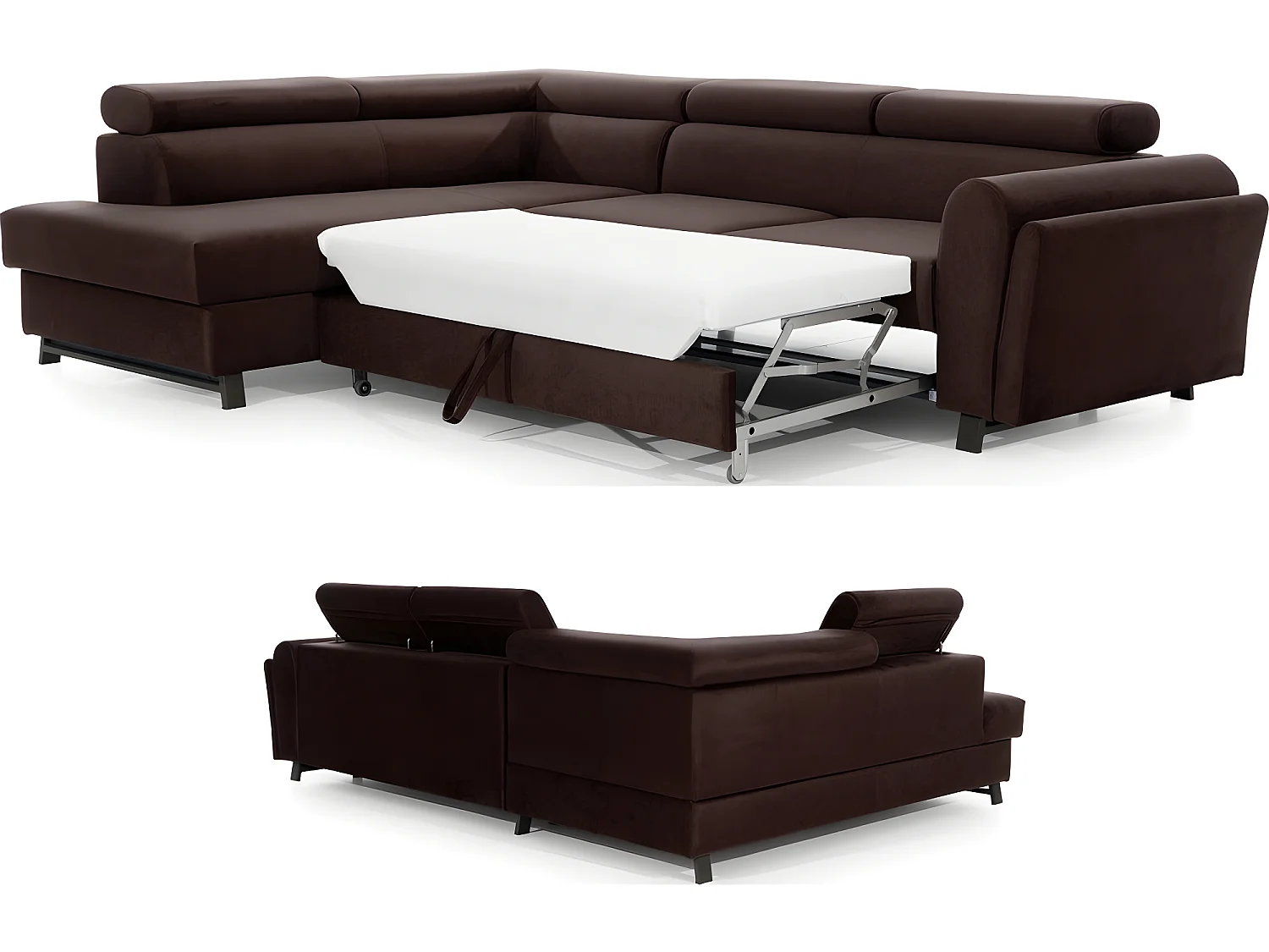 Canapé d'angle convertible - KARL VELOURS - en tissu prestige - 5 places, chocolat, angle gauche (vu de face)