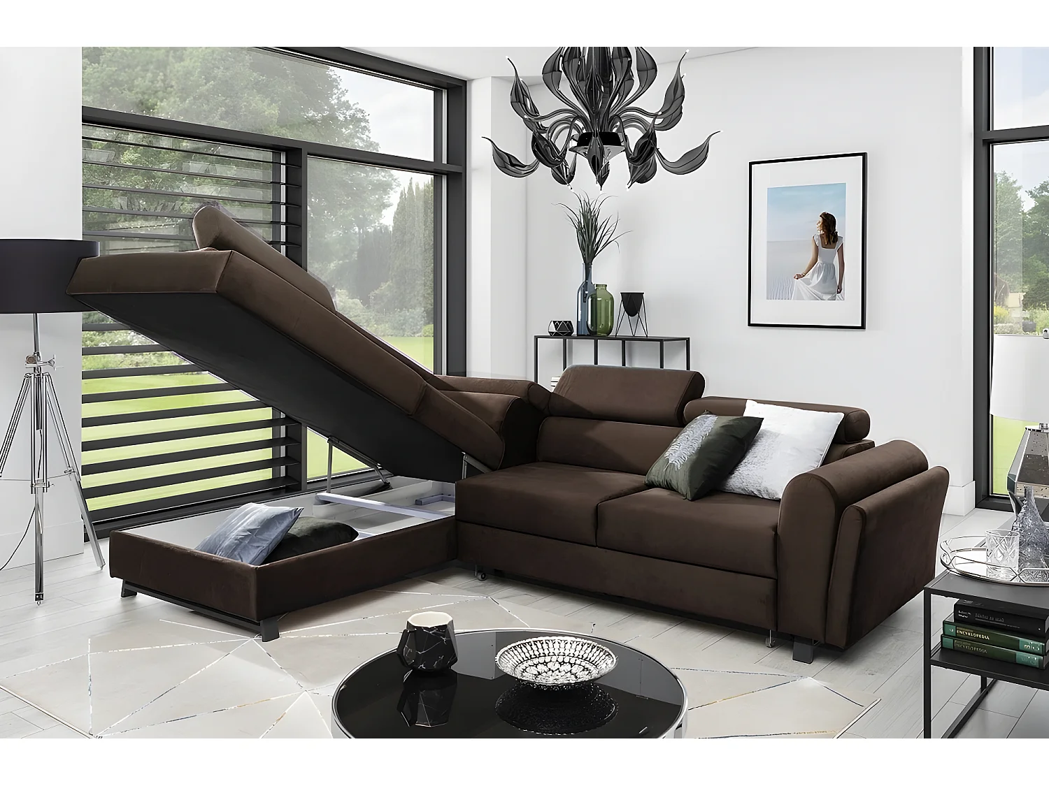 Canapé d'angle convertible - KARL VELOURS - en tissu prestige - 5 places, chocolat, angle gauche (vu de face)