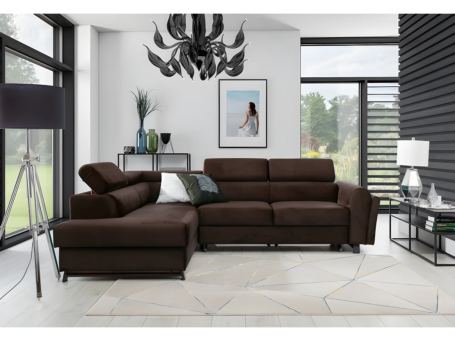 Hoekbank van prestige stof met opbergruimte, om te bouwen - KARL VELOURS - 5 plaatsen - Chocolade - Linkerhoek