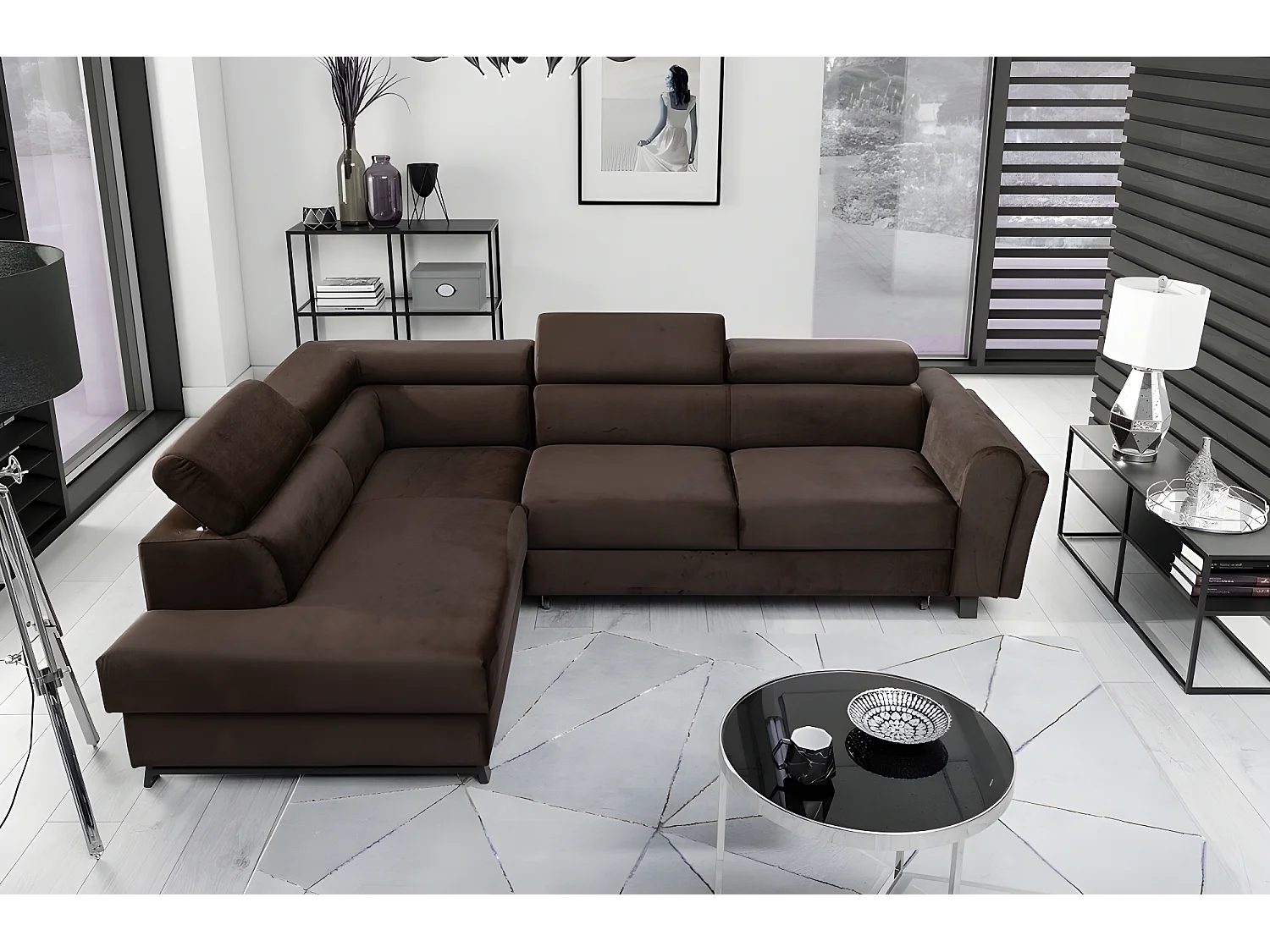 Hoekbank van prestige stof met opbergruimte, om te bouwen - KARL VELOURS - 5 plaatsen - Chocolade - Linkerhoek