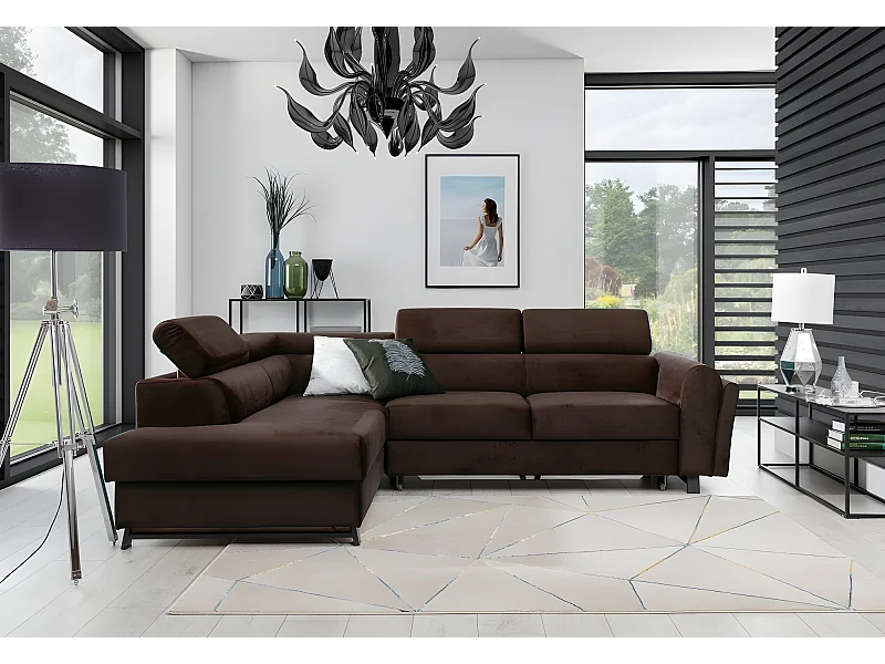 Hoekbank van prestige stof met opbergruimte, om te bouwen - KARL VELOURS - 5 plaatsen - Chocolade - Linkerhoek