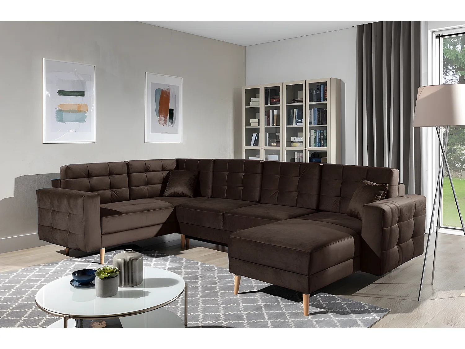 Canapé panoramique convertible - ASMA VELOURS - en tissu de qualité 5 places, marron foncé, méridienne à droite et angle à gauche (vu de face)