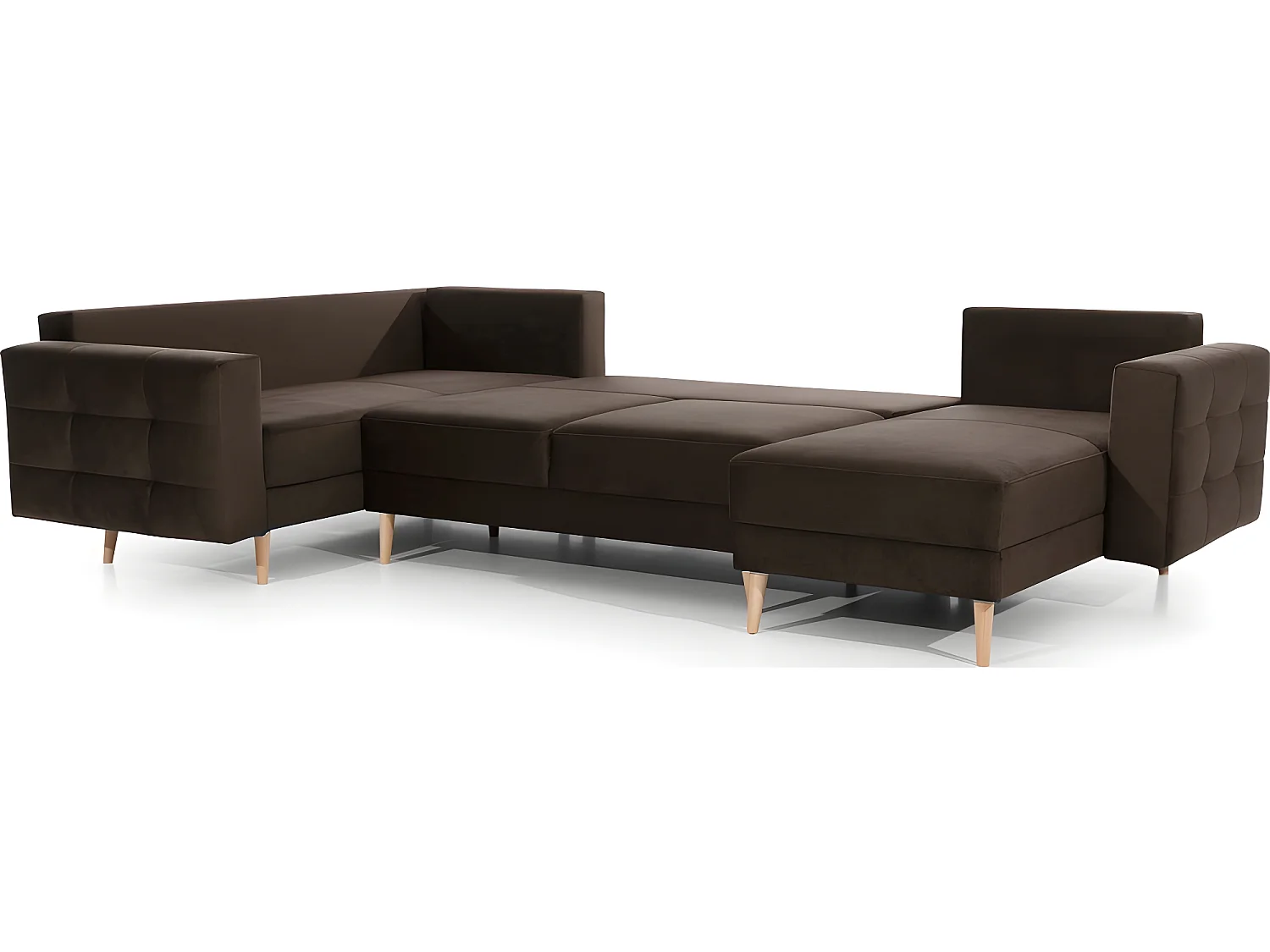 Canapé panoramique convertible - ASMA VELOURS - en tissu de qualité 5 places, marron foncé, méridienne à droite et angle à gauche (vu de face)