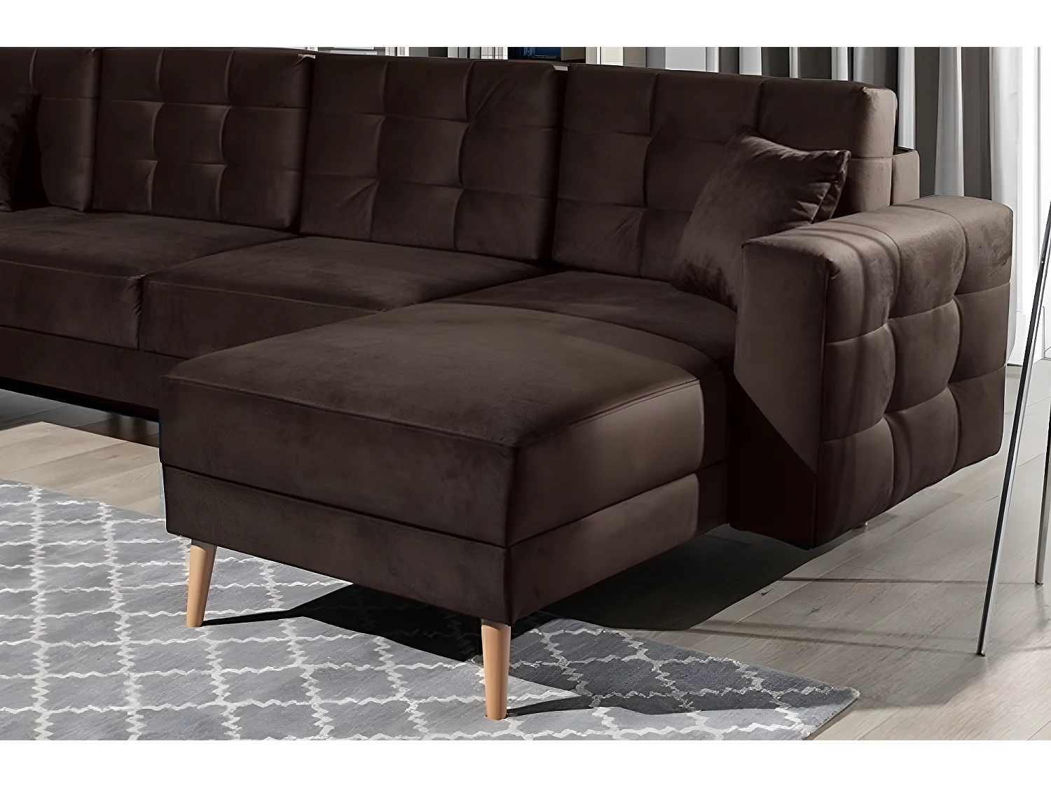 Canapé panoramique convertible - ASMA VELOURS - en tissu de qualité 5 places, marron foncé, méridienne à droite et angle à gauche (vu de face)