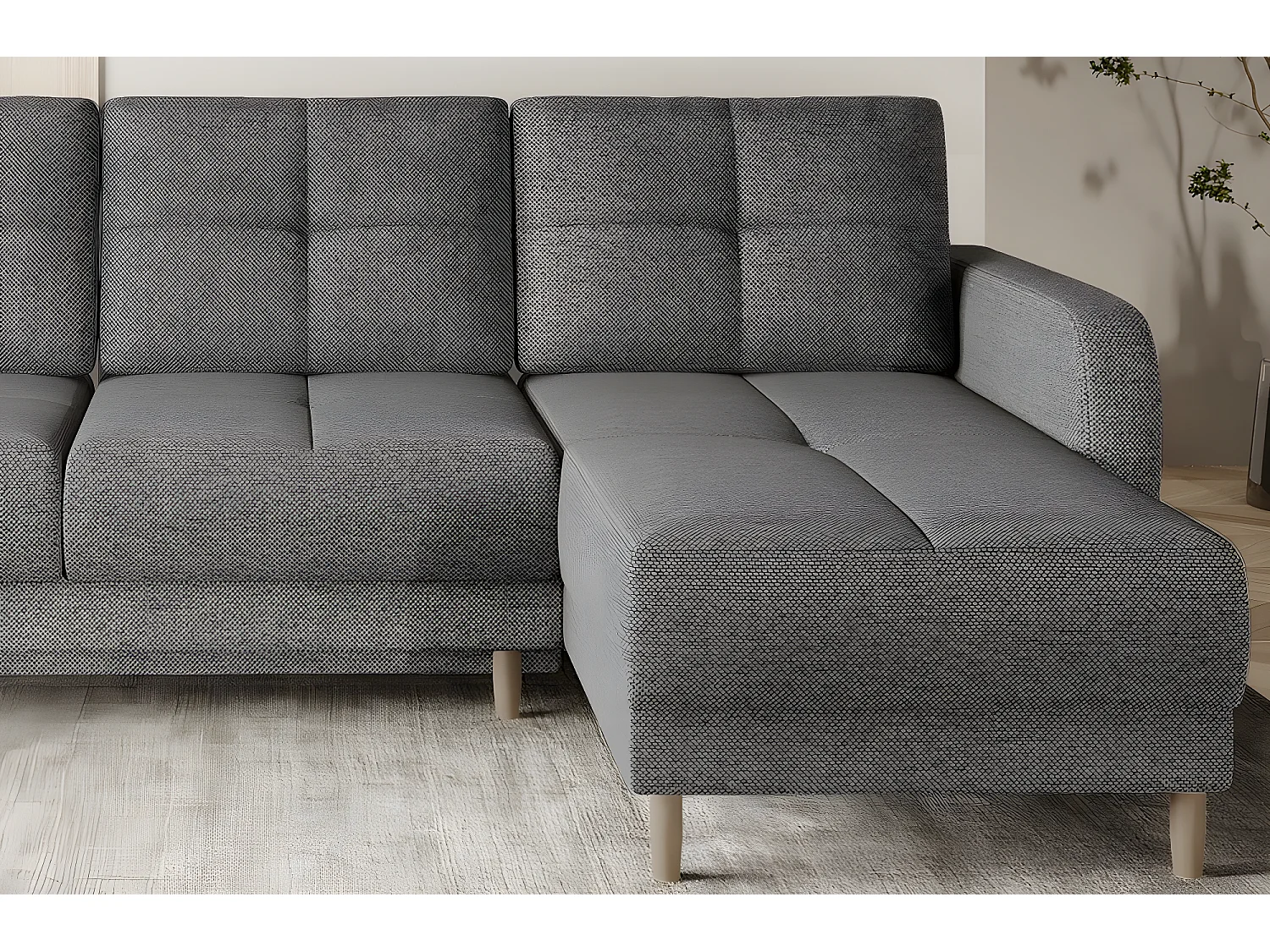 Canapé d'angle convertible en tissu luxe, rangement - gris, angle droit (vu de face), ROXANE