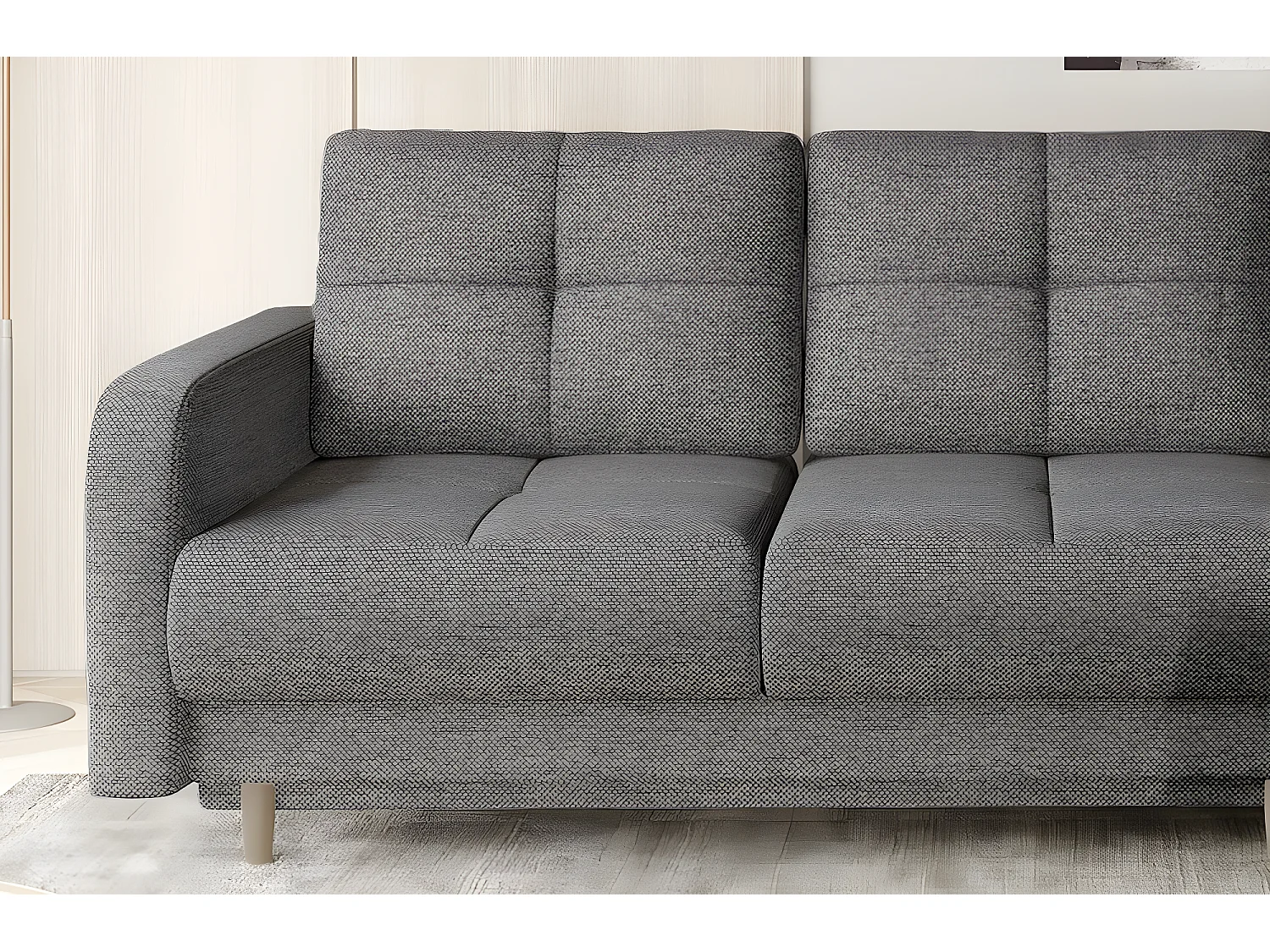 Canapé d'angle convertible en tissu luxe, rangement - gris, angle droit (vu de face), ROXANE