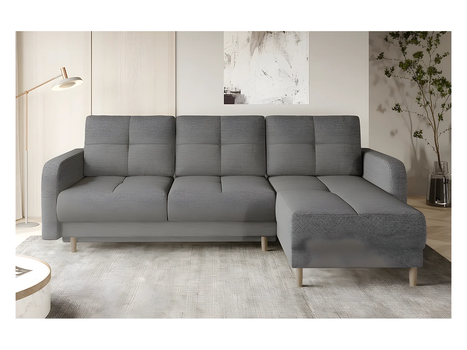 Canapé d'angle convertible en tissu luxe, rangement - gris, angle droit (vu de face), ROXANE
