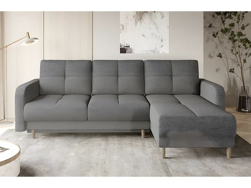 Canapé d'angle convertible en tissu luxe, rangement - gris, angle droit (vu de face), ROXANE
