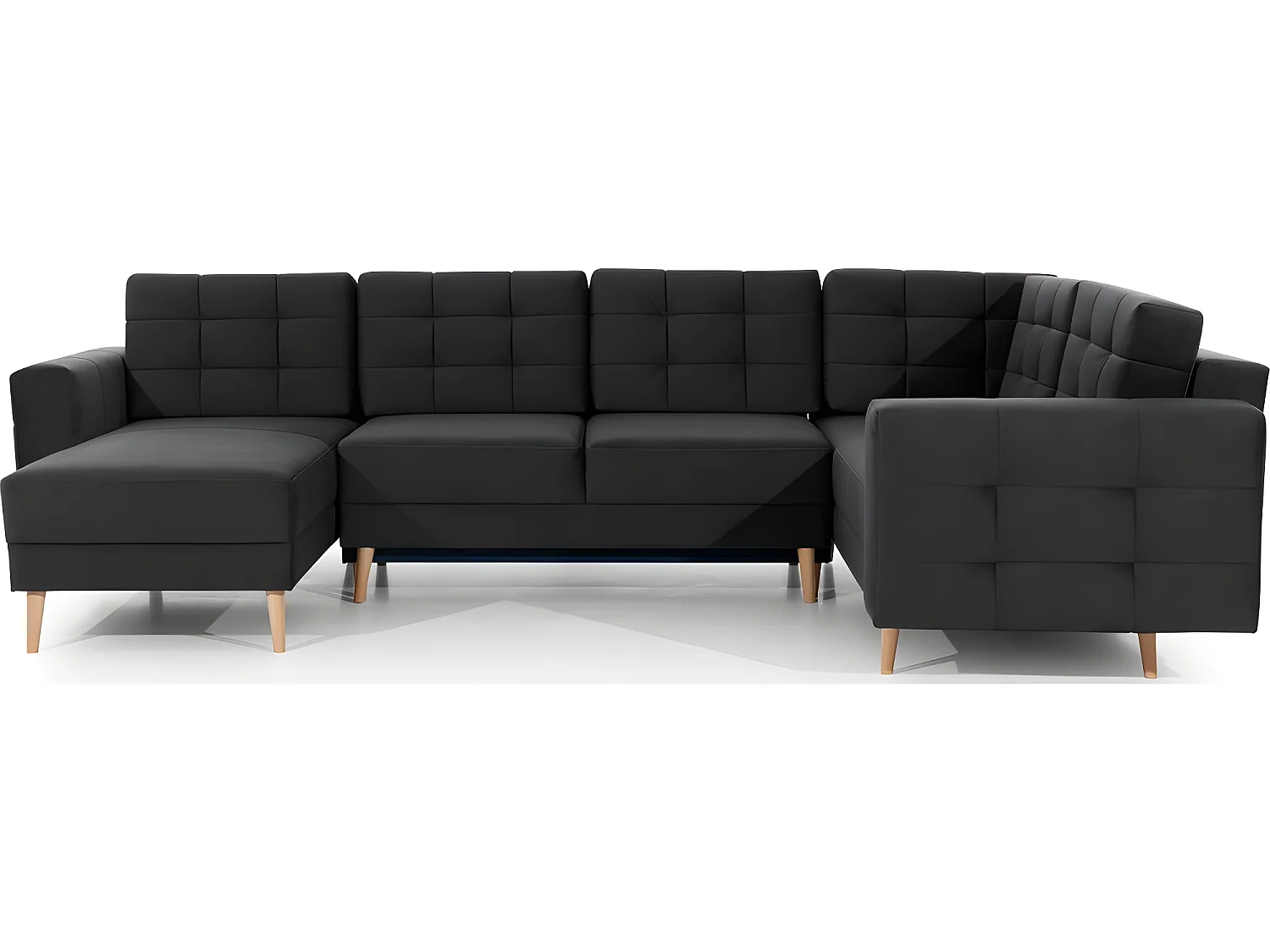 Canapé panoramique convertible - ASMA VELOURS - en tissu de qualité 5 places, gris anthracite, méridienne à gauche et angle à droite (vu de face)