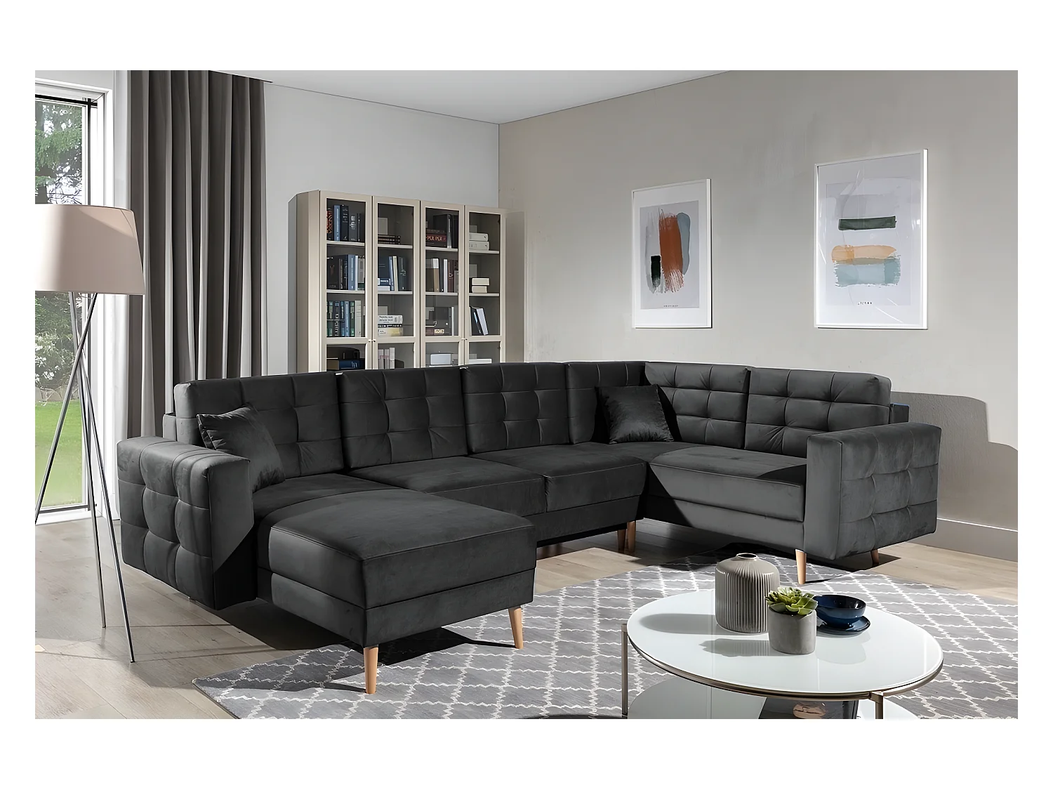 Canapé panoramique convertible - ASMA VELOURS - en tissu de qualité 5 places, gris anthracite, méridienne à gauche et angle à droite (vu de face)