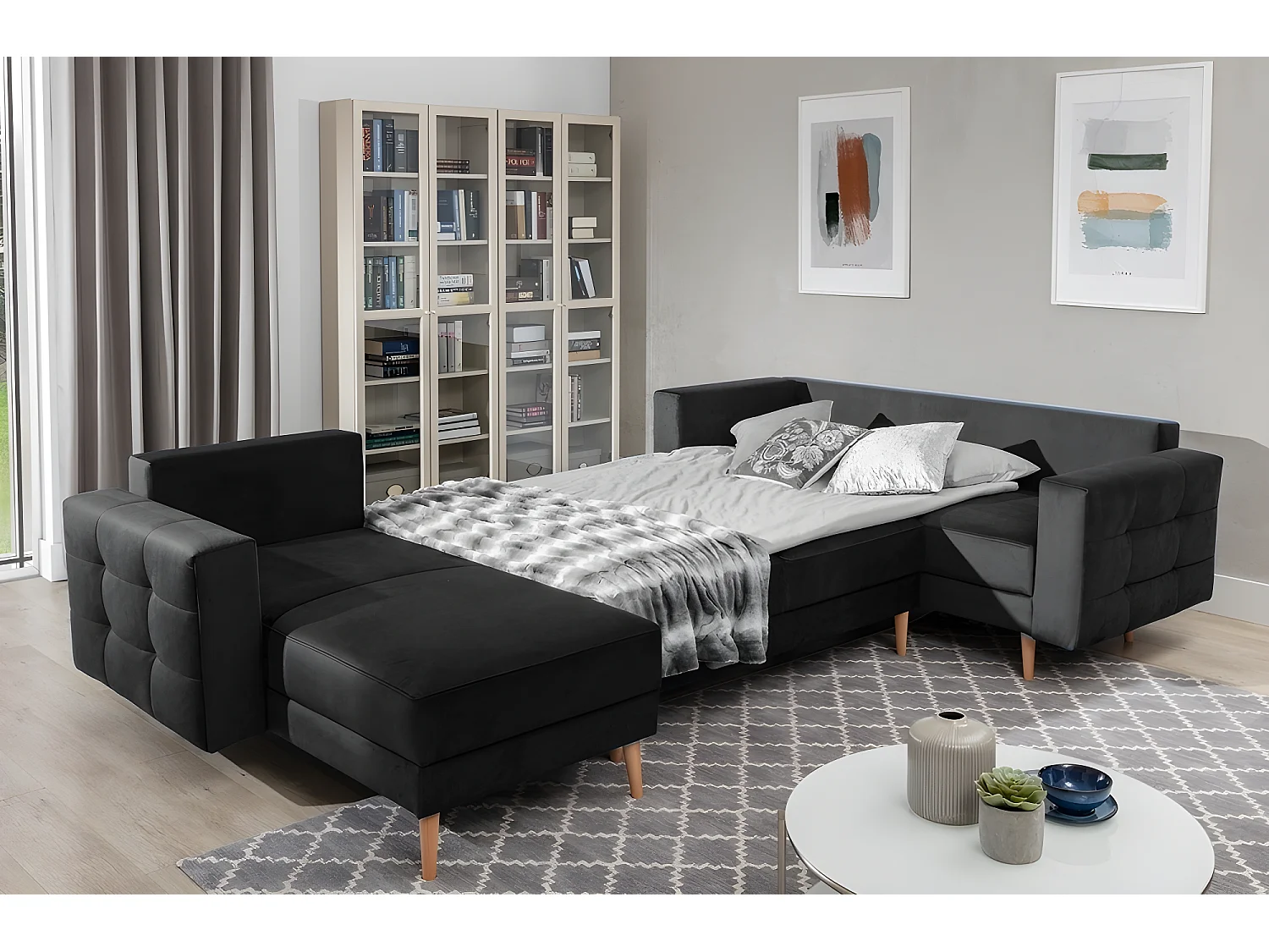 Canapé panoramique convertible - ASMA VELOURS - en tissu de qualité 5 places, gris anthracite, méridienne à gauche et angle à droite (vu de face)