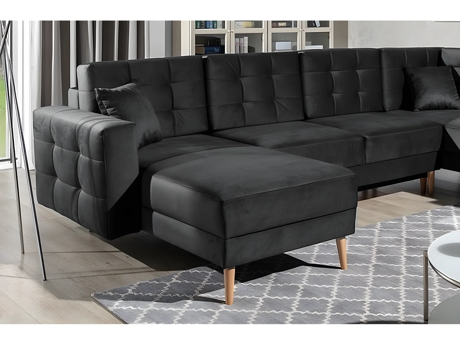 Canapé panoramique convertible - ASMA VELOURS - en tissu de qualité 5 places, gris anthracite, méridienne à gauche et angle à droite (vu de face)