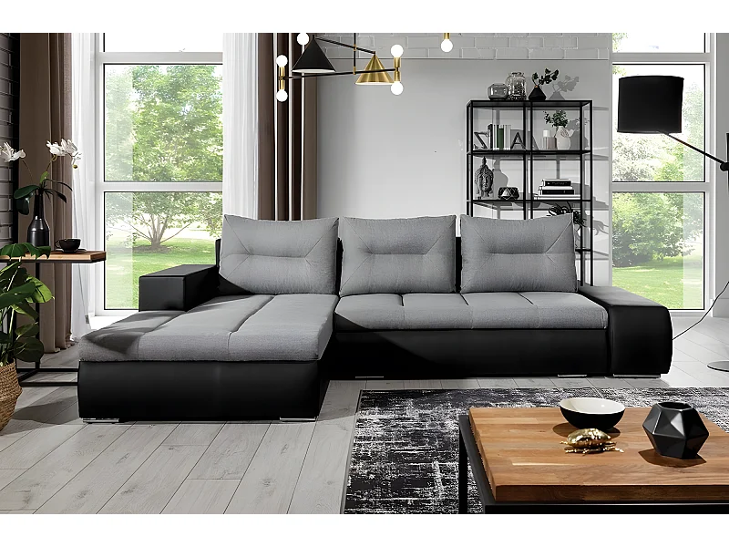 Canapé d'angle convertible en tissu luxe gris et simili cuir noir, 5 places, angle gauche (vu de face) - OTELLO
