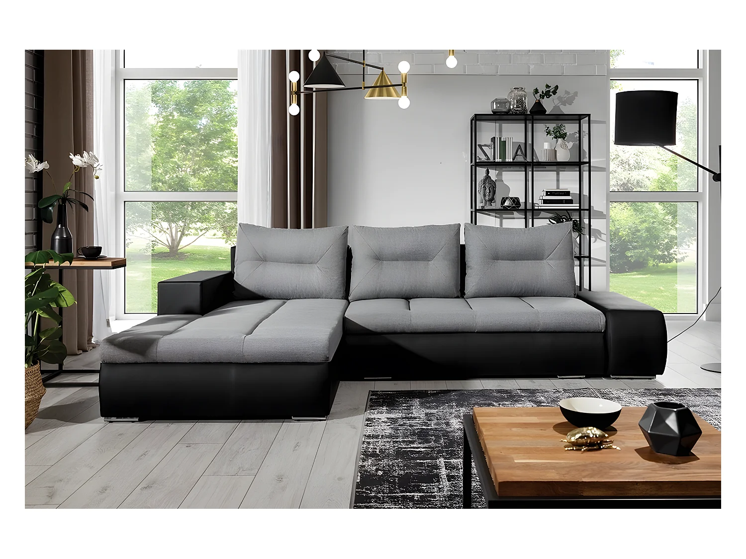 Canapé d'angle convertible en tissu luxe gris et simili cuir noir, 5 places, angle gauche (vu de face) - OTELLO