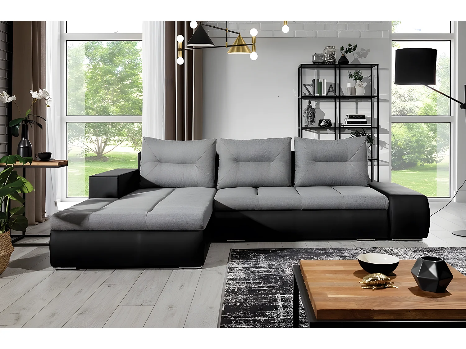 Canapé d'angle convertible en tissu luxe gris et simili cuir noir, 5 places, angle gauche (vu de face) - OTELLO