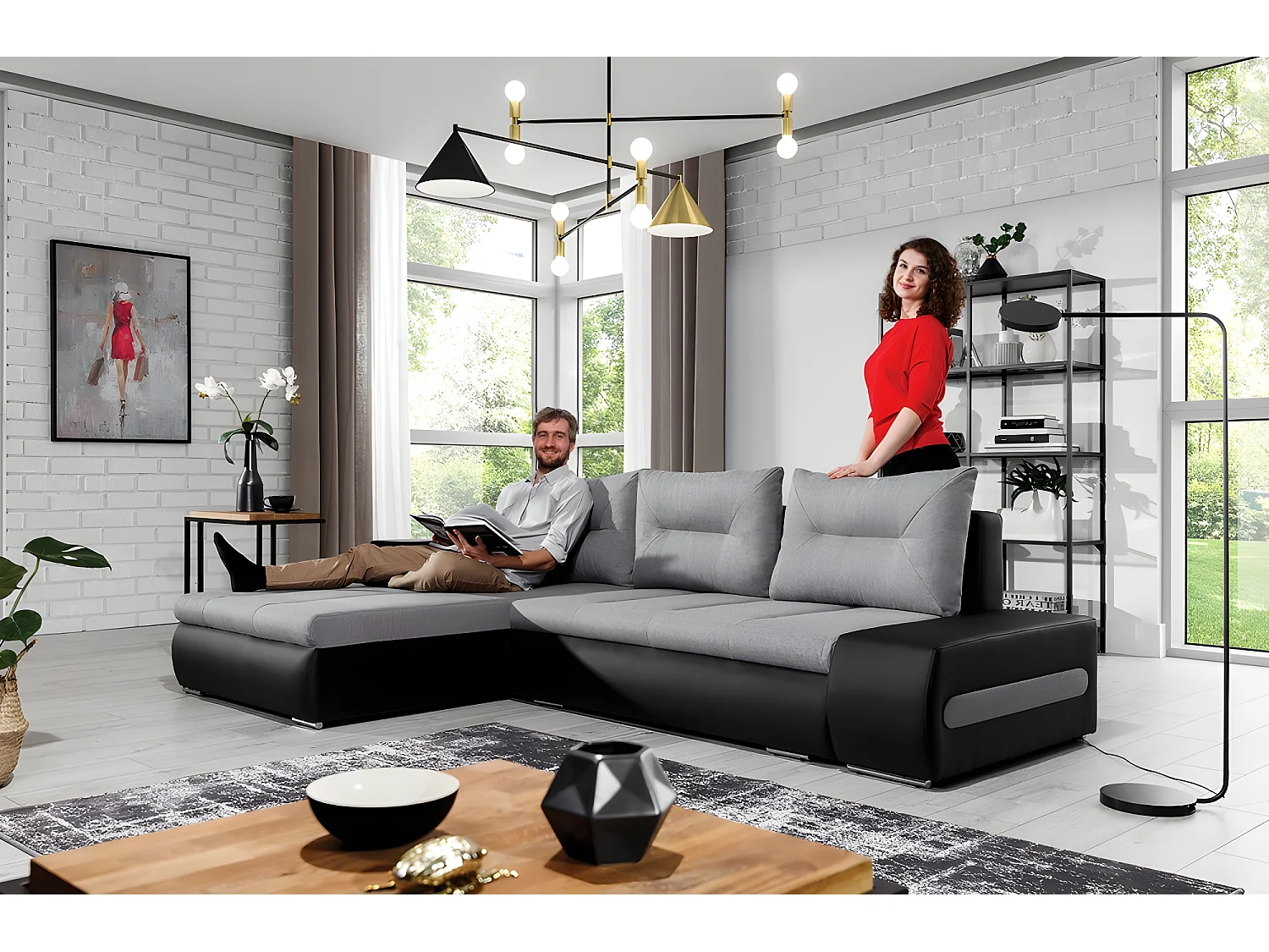 Canapé d'angle convertible en tissu luxe gris et simili cuir noir, 5 places, angle gauche (vu de face) - OTELLO