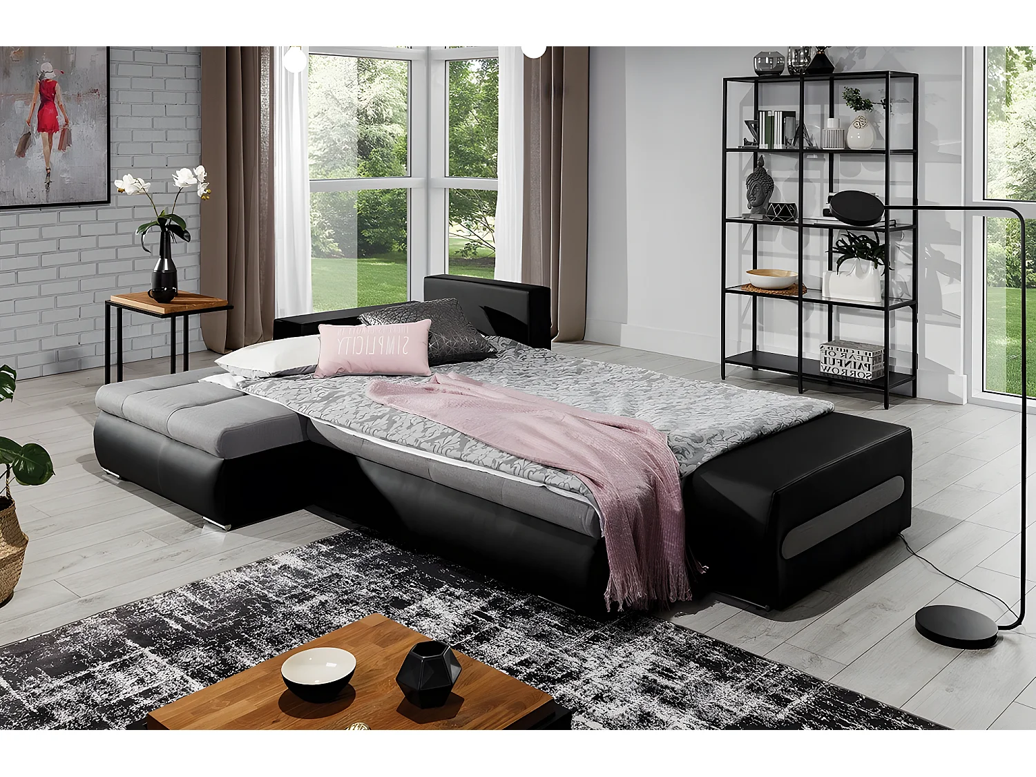 Canapé d'angle convertible en tissu luxe gris et simili cuir noir, 5 places, angle gauche (vu de face) - OTELLO