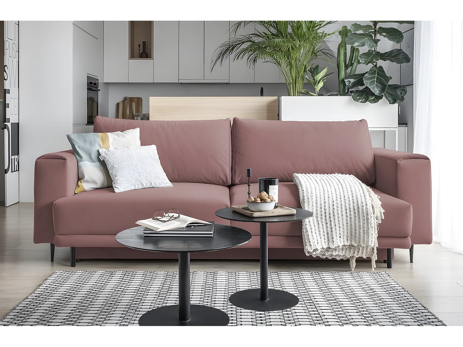 Canapé 3/4 places convertible et espace de rangement - rose - en tissu de qualité, DANY