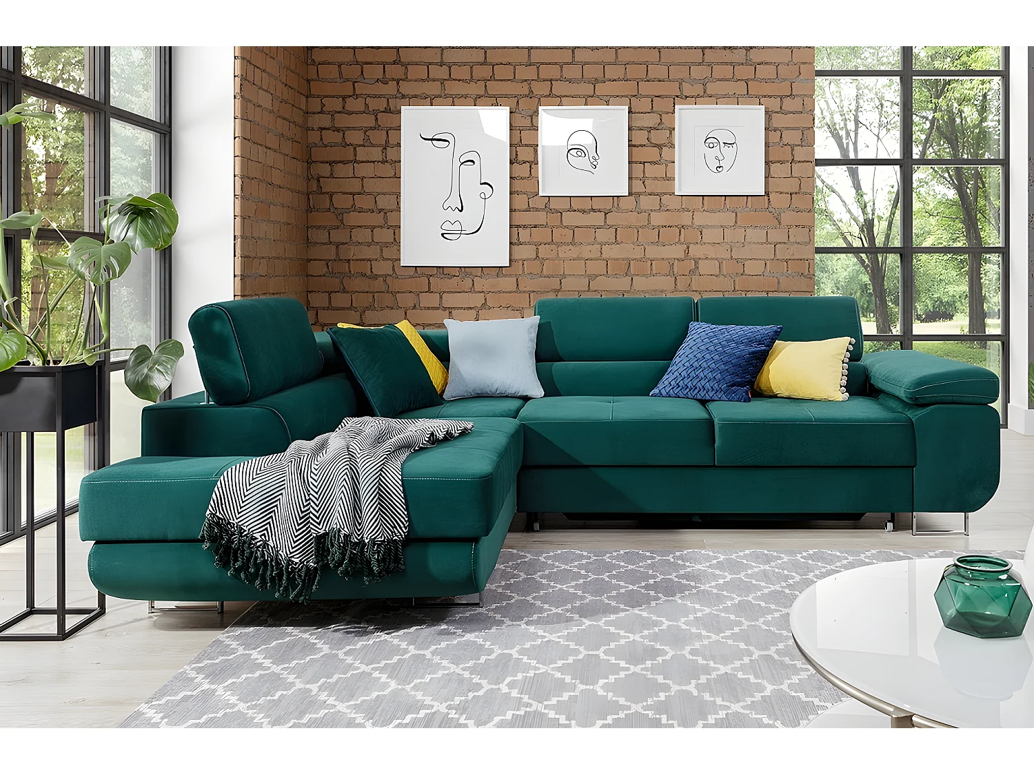 Canapé d'angle convertible en tissu luxe 5 places, avec coffre, vert, angle gauche (vu de face), ANNECY KRONO