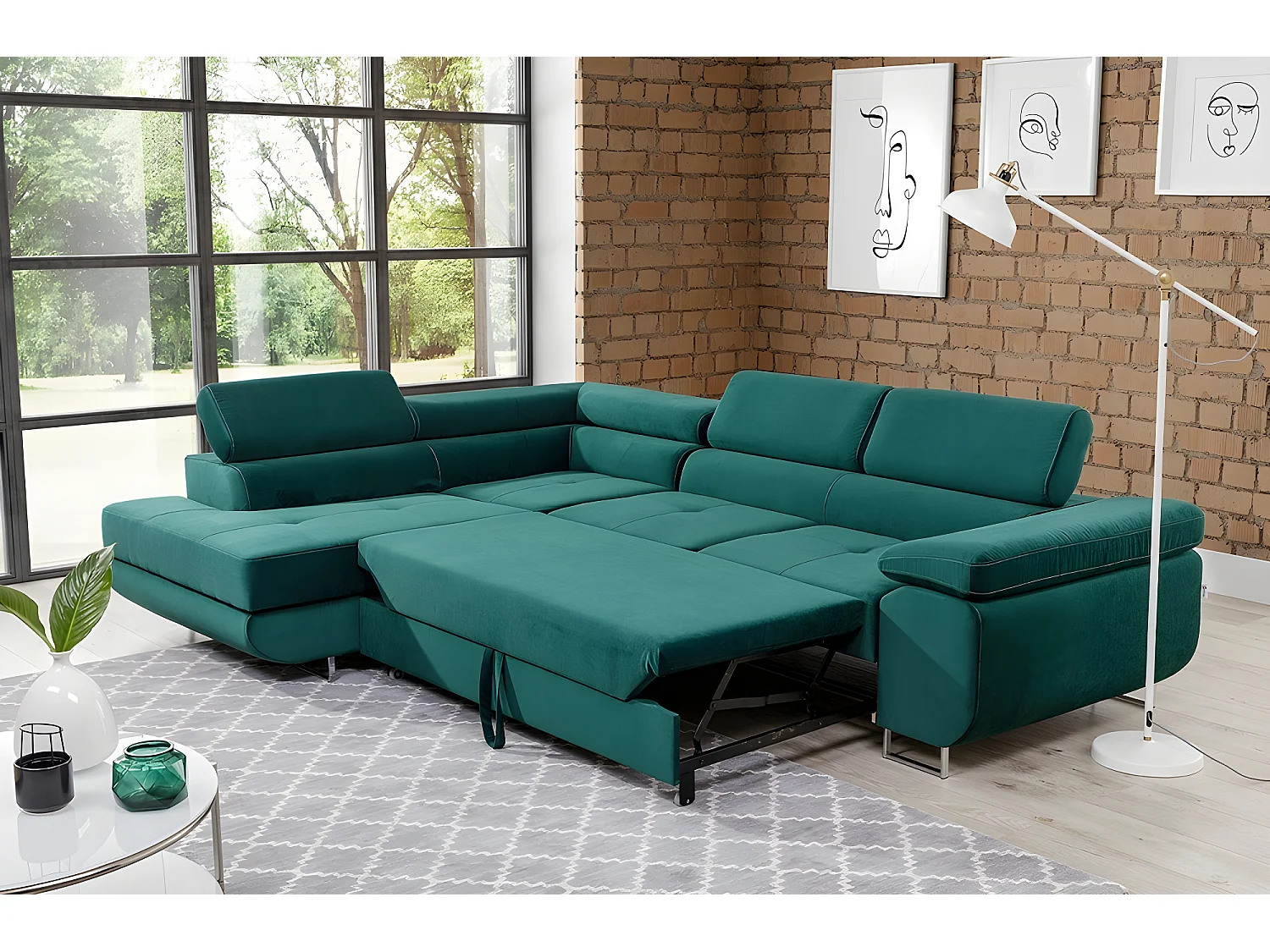 Canapé d'angle convertible en tissu luxe 5 places, avec coffre, vert, angle gauche (vu de face), ANNECY KRONO