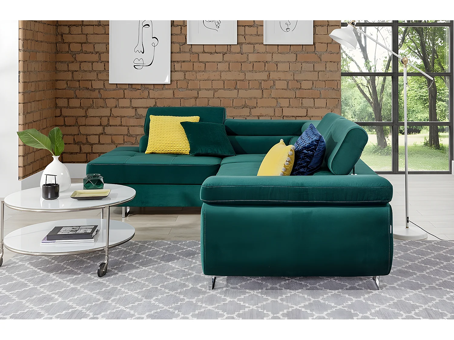 Canapé d'angle convertible en tissu luxe 5 places, avec coffre, vert, angle gauche (vu de face), ANNECY KRONO