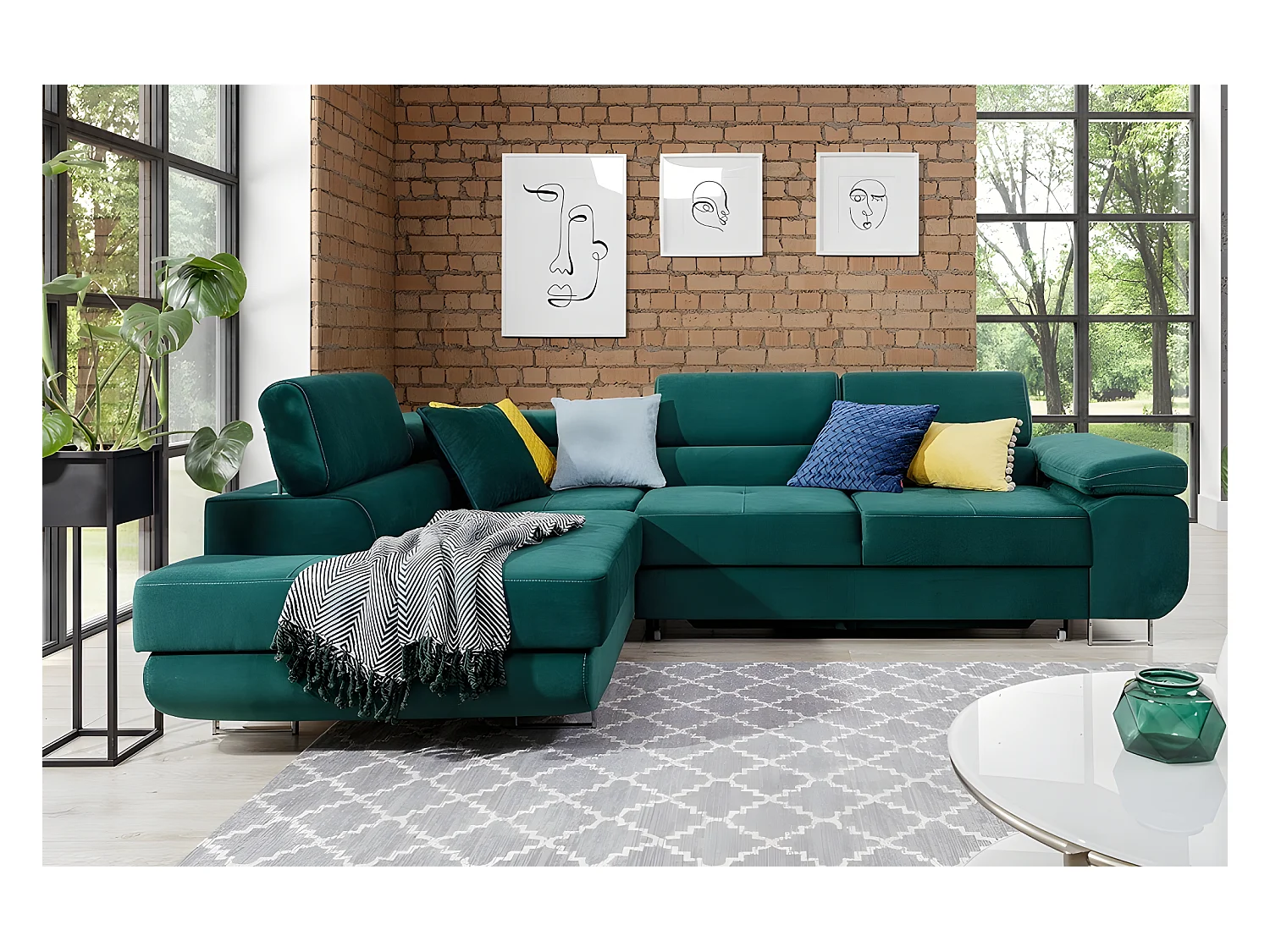 Canapé d'angle convertible en tissu luxe 5 places, avec coffre, vert, angle gauche (vu de face), ANNECY KRONO