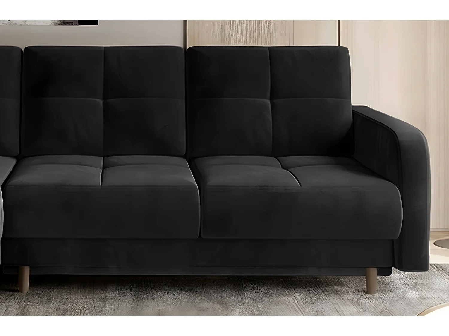 Canapé d'angle convertible en tissu velours luxe, rangement - noir, angle gauche (vu de face), ROXANE VELOURS