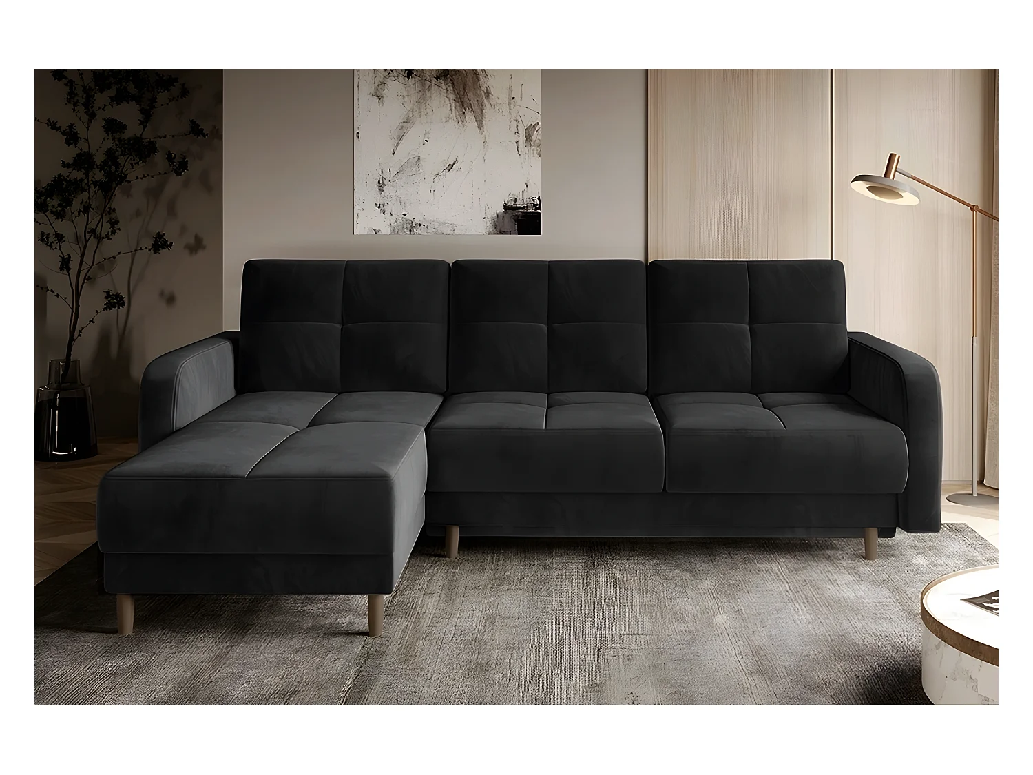 Canapé d'angle convertible en tissu velours luxe, rangement - noir, angle gauche (vu de face), ROXANE VELOURS