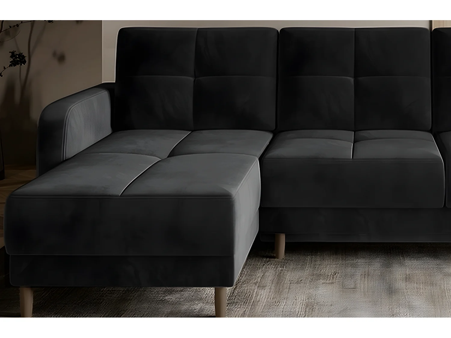 Canapé d'angle convertible en tissu velours luxe, rangement - noir, angle gauche (vu de face), ROXANE VELOURS