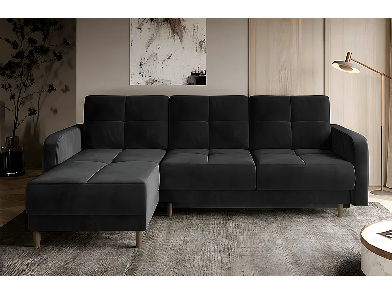 Hoekbank om te bouwen tot bed van zwart fluweel met opbergruimte en slaapplaats van 215x120 cm - ROXANE VELOURS