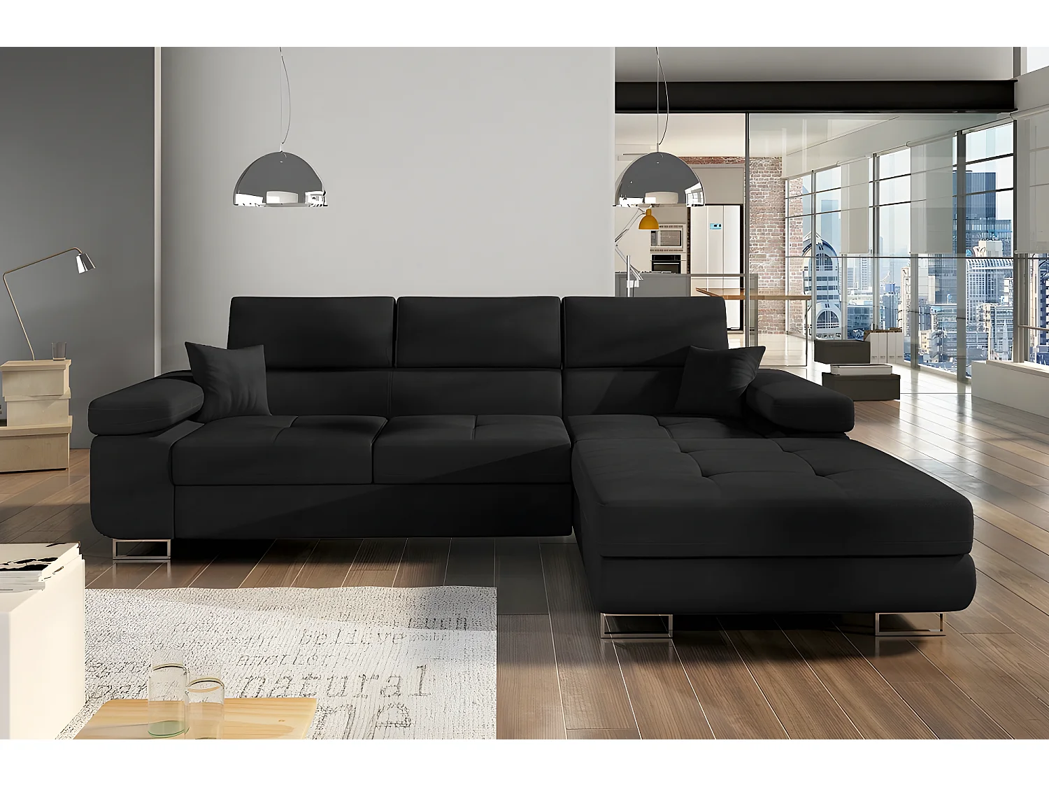 Canapé d'angle convertible ARMEL en tissu luxe 5 places, noir, avec coffre, angle droit (vu de face)