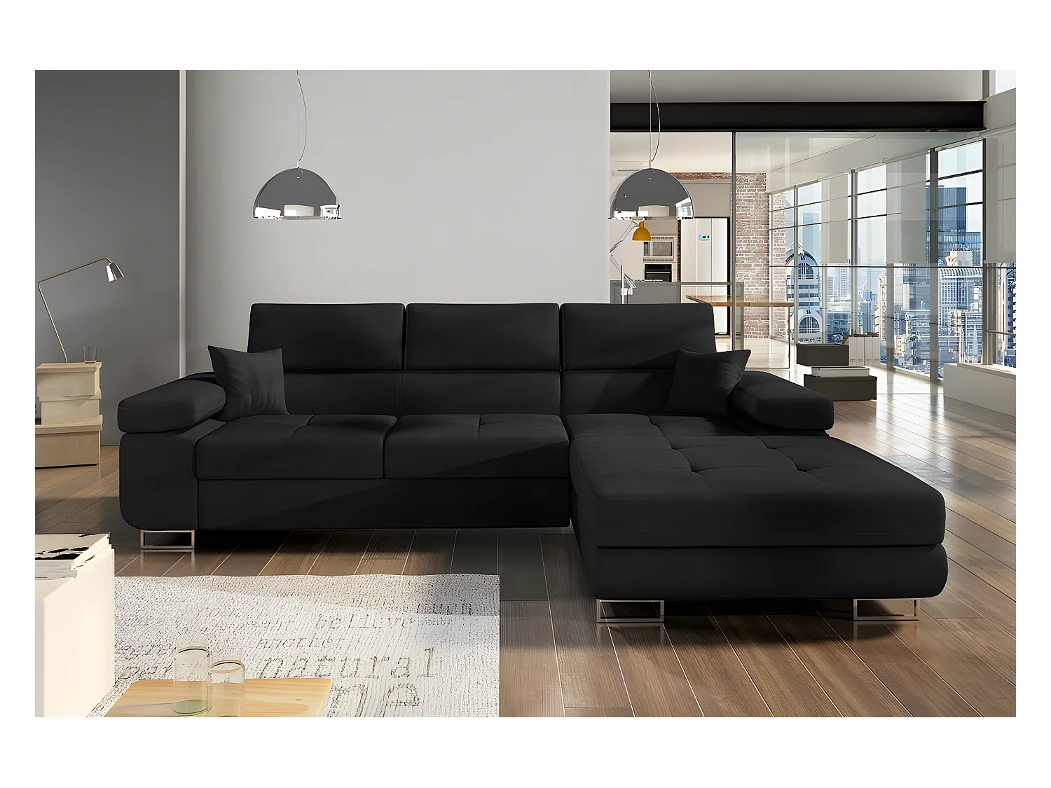Canapé d'angle convertible ARMEL en tissu luxe 5 places, noir, avec coffre, angle droit (vu de face)