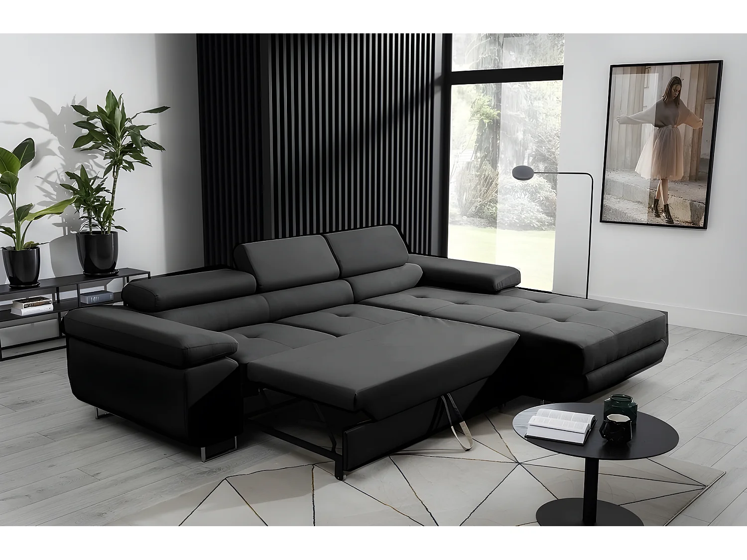 Canapé d'angle convertible ARMEL en tissu luxe 5 places, noir, avec coffre, angle droit (vu de face)