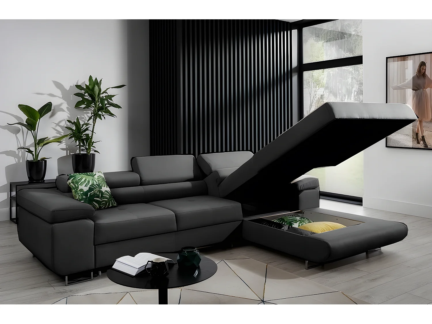 Canapé d'angle convertible ARMEL en tissu luxe 5 places, noir, avec coffre, angle droit (vu de face)