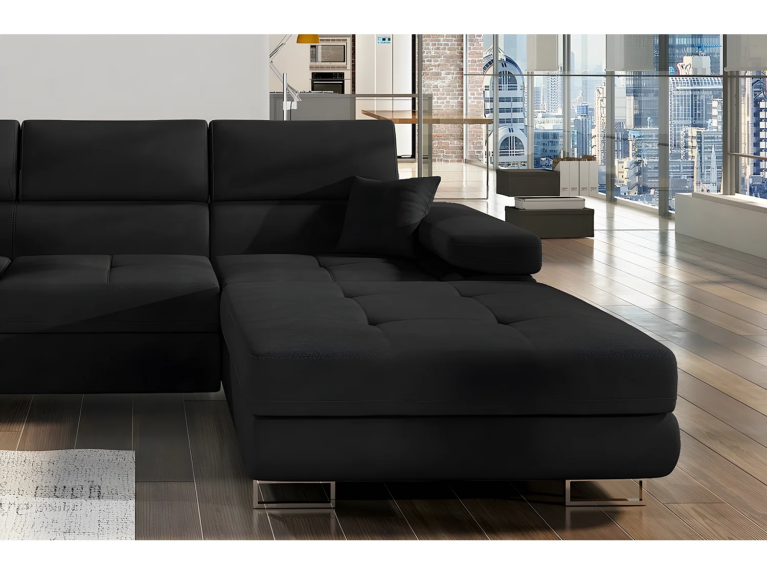 Canapé d'angle convertible ARMEL en tissu luxe 5 places, noir, avec coffre, angle droit (vu de face)