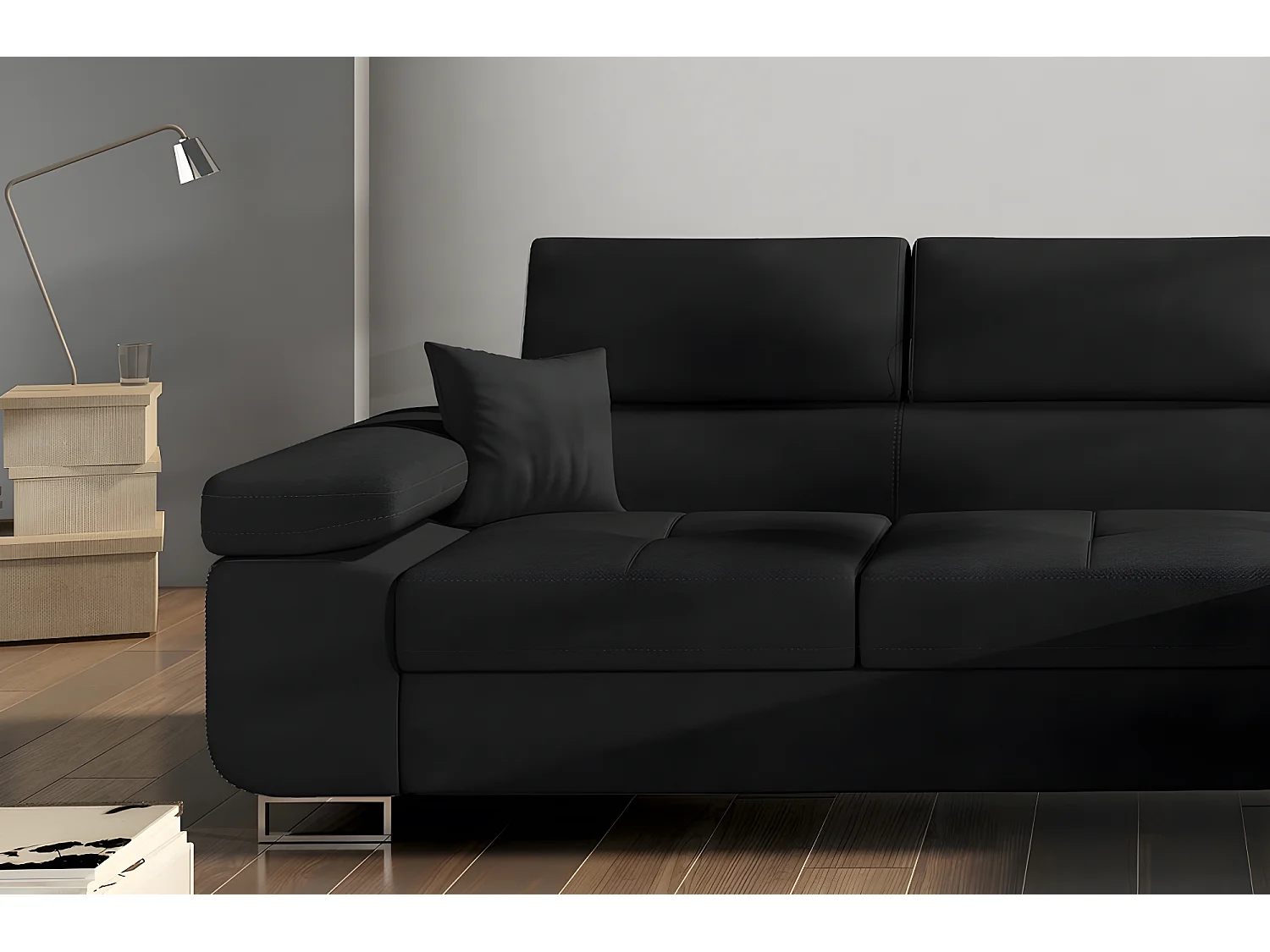 Canapé d'angle convertible ARMEL en tissu luxe 5 places, noir, avec coffre, angle droit (vu de face)