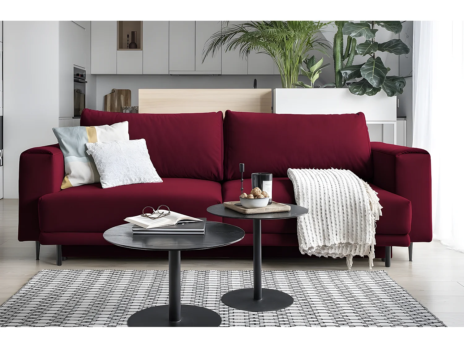 Canapé 3/4 places convertible et espace de rangement - Rouge - en tissu de qualité, DANY